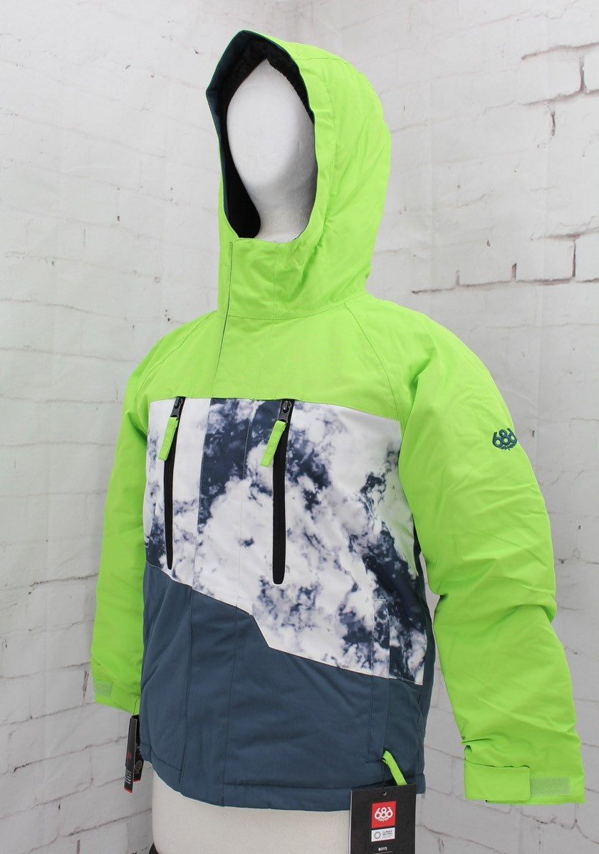686 Geo Insulated Snowboard Jacket Boys Youth Medium Green Flash Colorblock