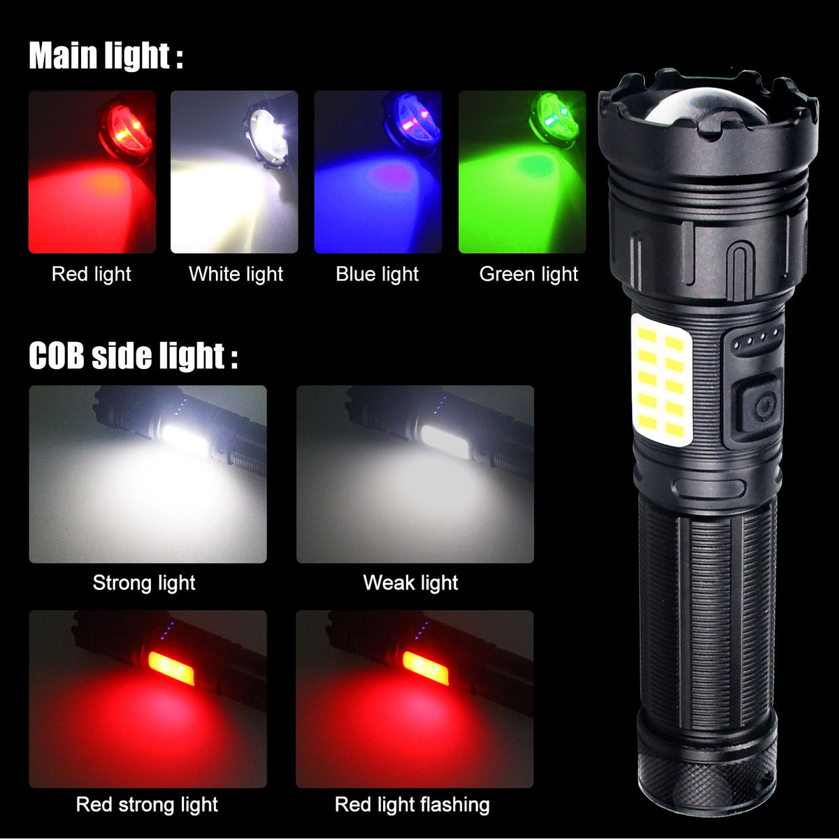 Multicolor LED Flashlight 4 in 1 Rechargeable Hunting & Camping Light