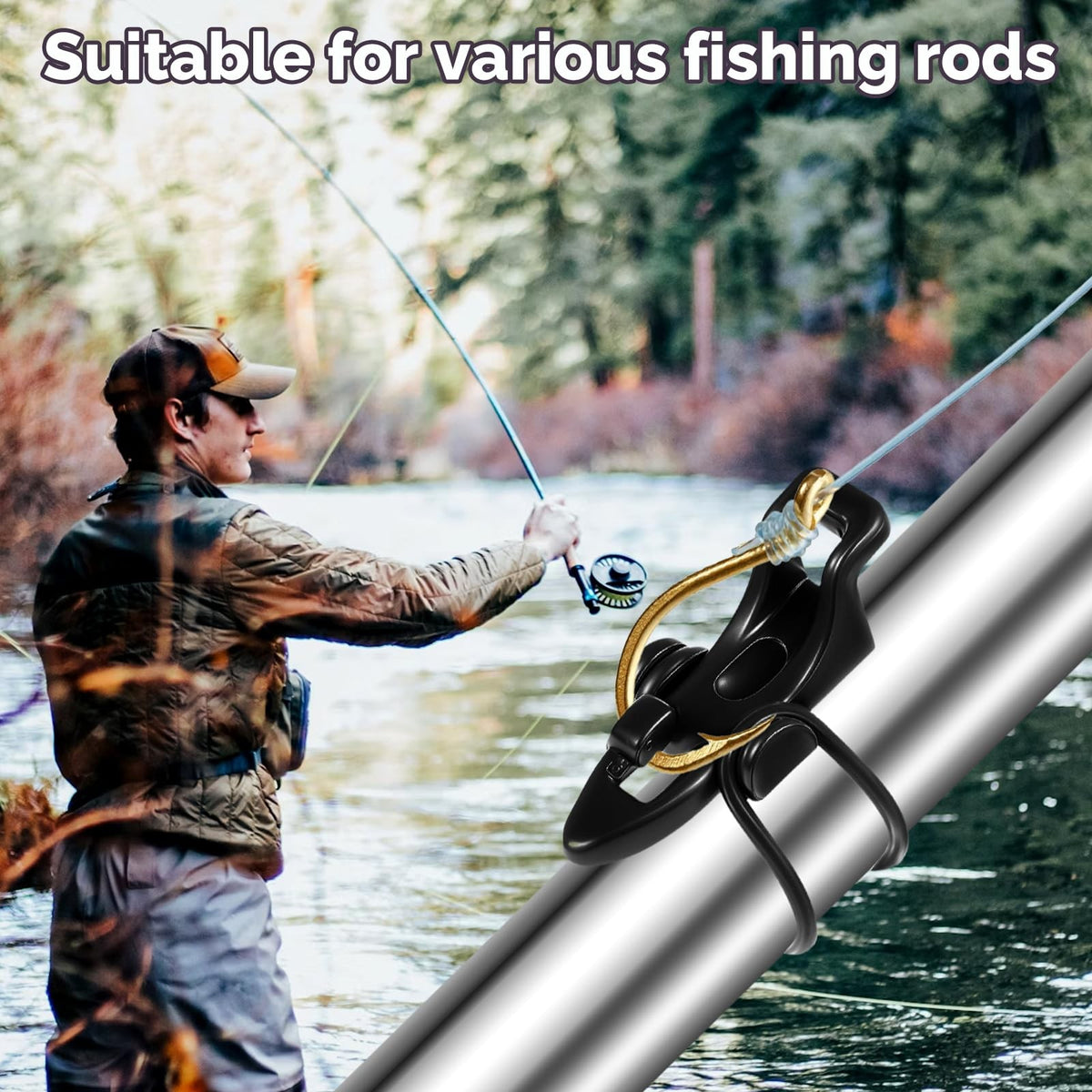 Fishing Hook Keeper Set with 3 Sizes for Rods - 6 Black Plastic & Rubber Holders