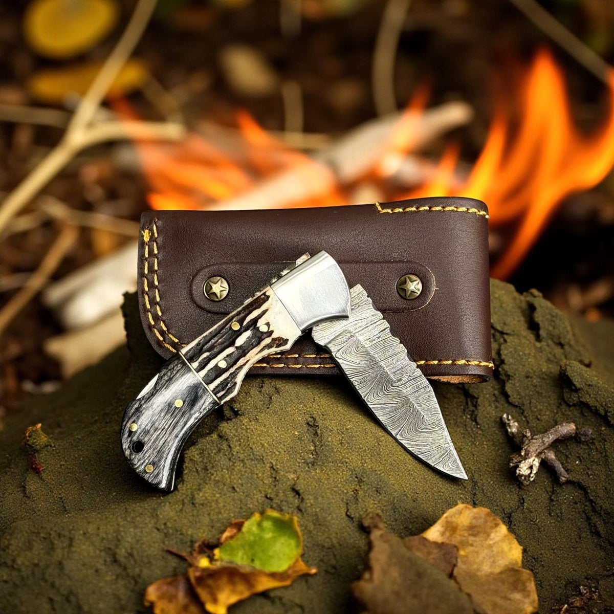 Custom Damascus Folding Knife with Stag Horn & Pakkawood Handle