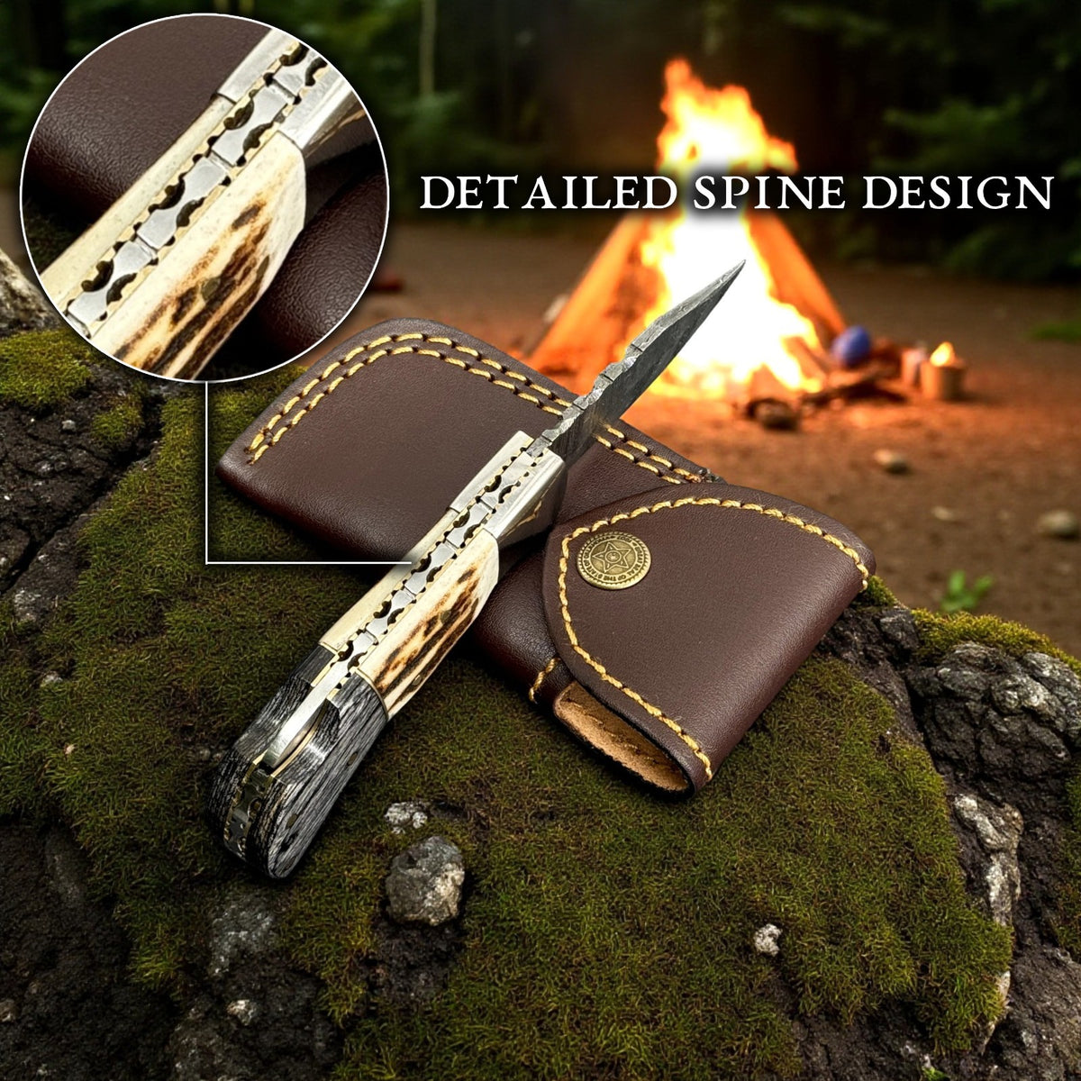 Custom Damascus Folding Knife with Stag Horn & Pakkawood Handle