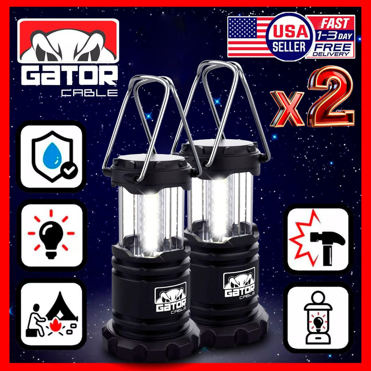 Portable Camping LED Lantern Set 2 Pack Bright Hurricane Light Battery Powered