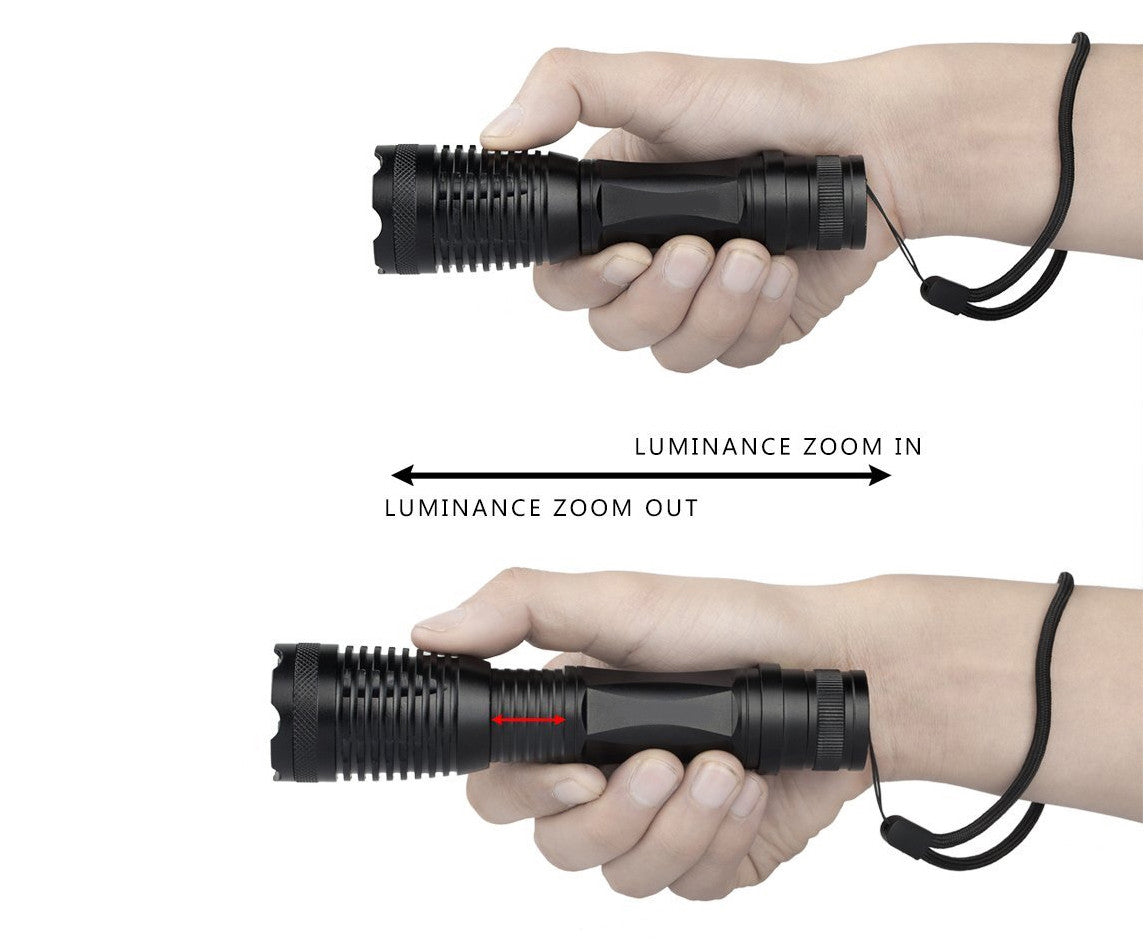 LED Flashlight Torch with Adjustable Focus & Battery - Metal Handheld Light