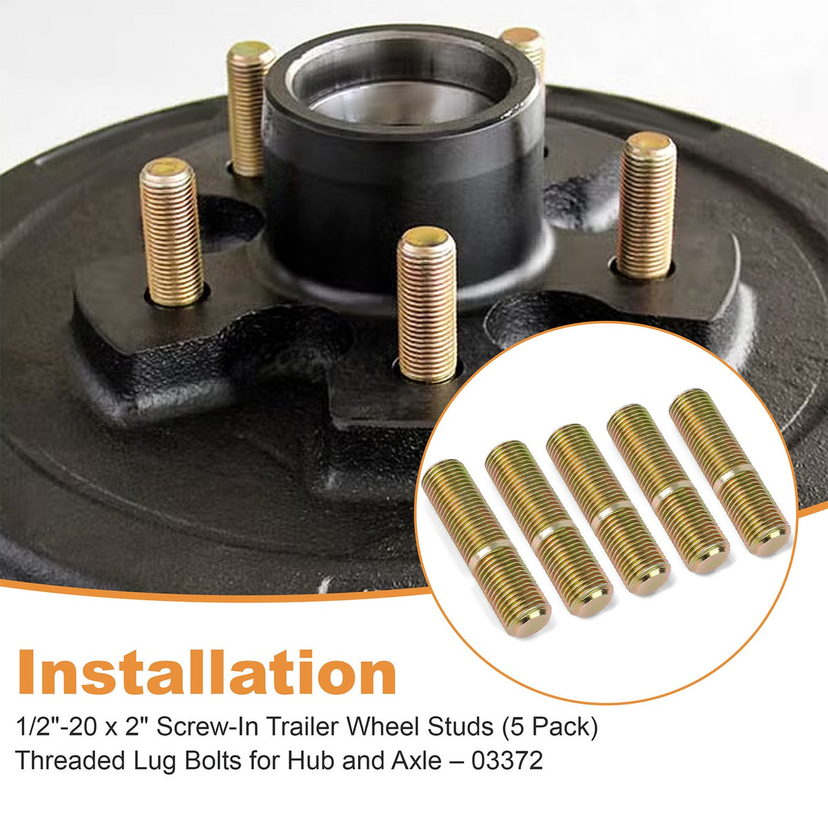 Trailer Wheel Studs 1/2-Inch-20 x 2 Inches, Pack of 5