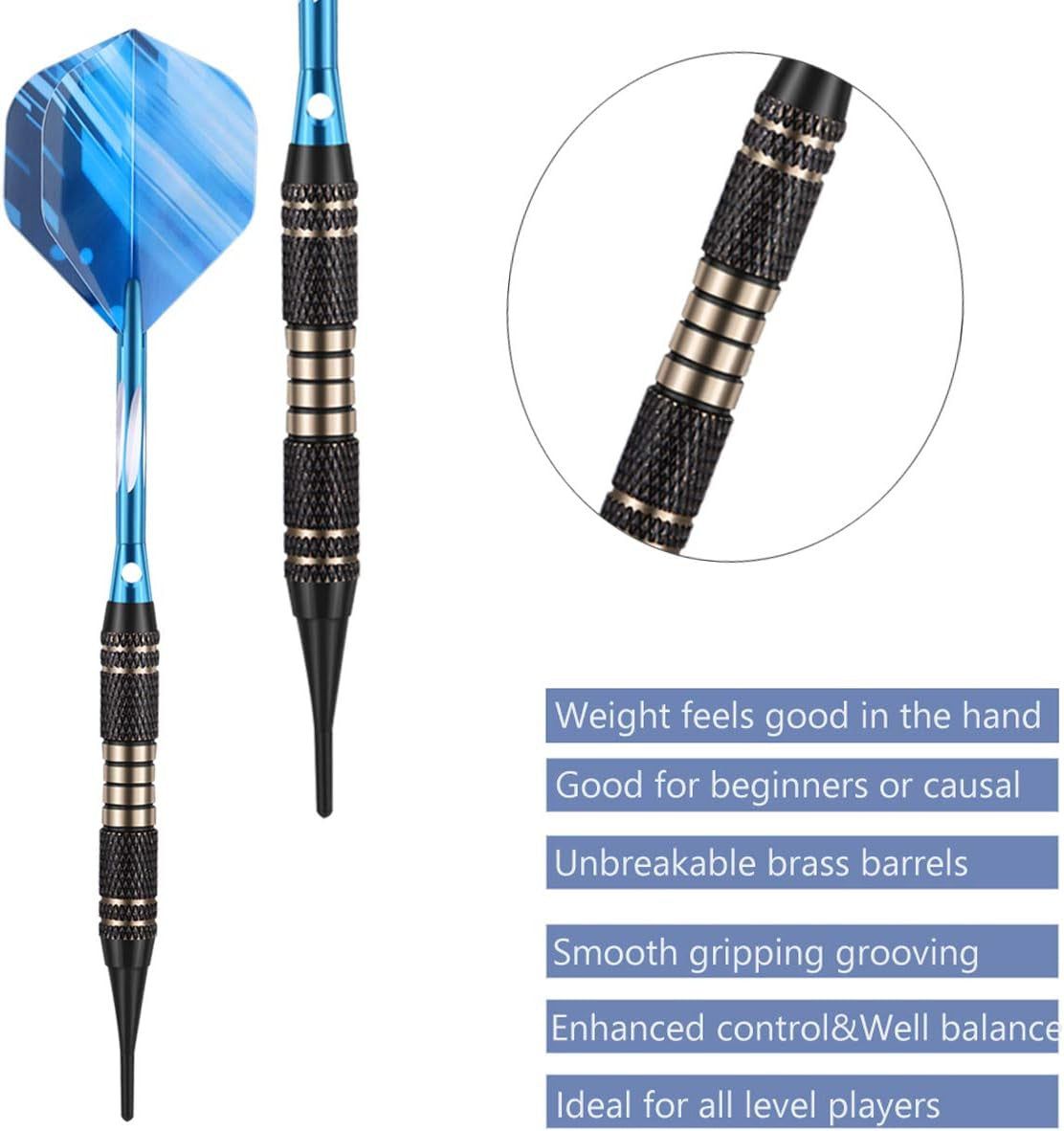 20g Soft Tip Darts Set with Brass Barrels, 3 Darts, Case & Accessories