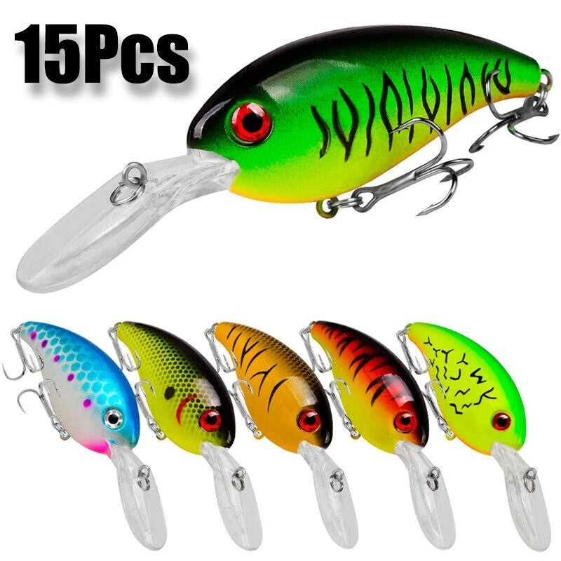 15Pcs Fishing Lure Set Crankbaits Hooks Minnow Baits for Bass & Freshwater
