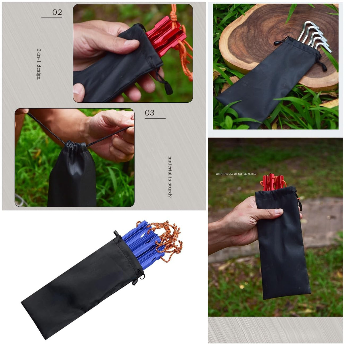 6 Pack Aluminum Tent Stakes Bag with Drawstring Storage Pouch - Camping Gear Organizer