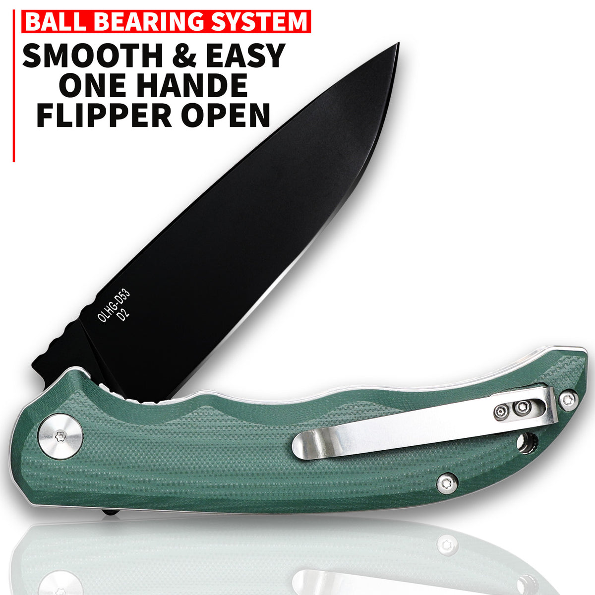 8.9 Inch Folding Pocket Knife with D2 High Carbon Steel Blade, Green Handle