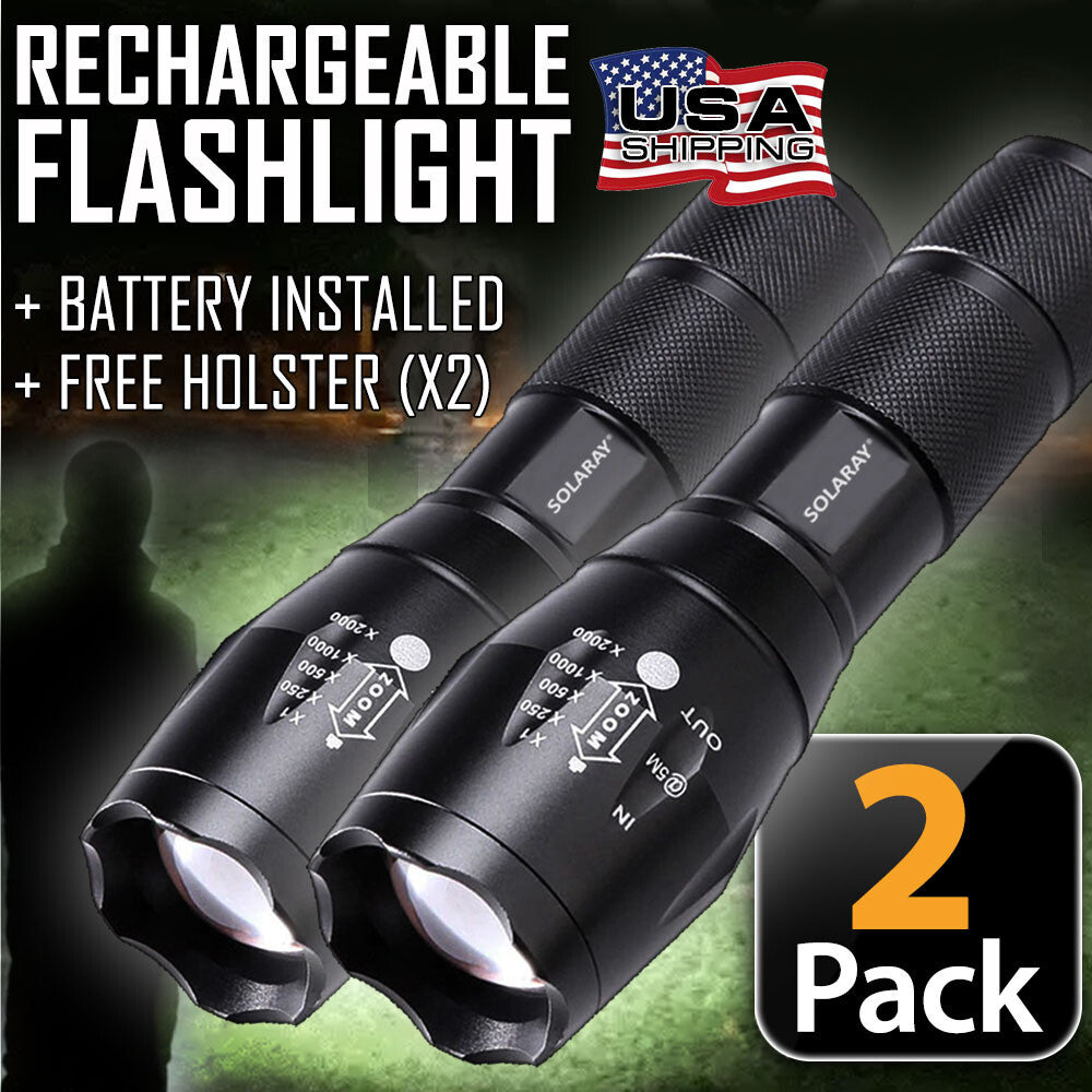 Rechargeable LED Tactical Flashlight 2-Pack, Waterproof Work Light with Holster