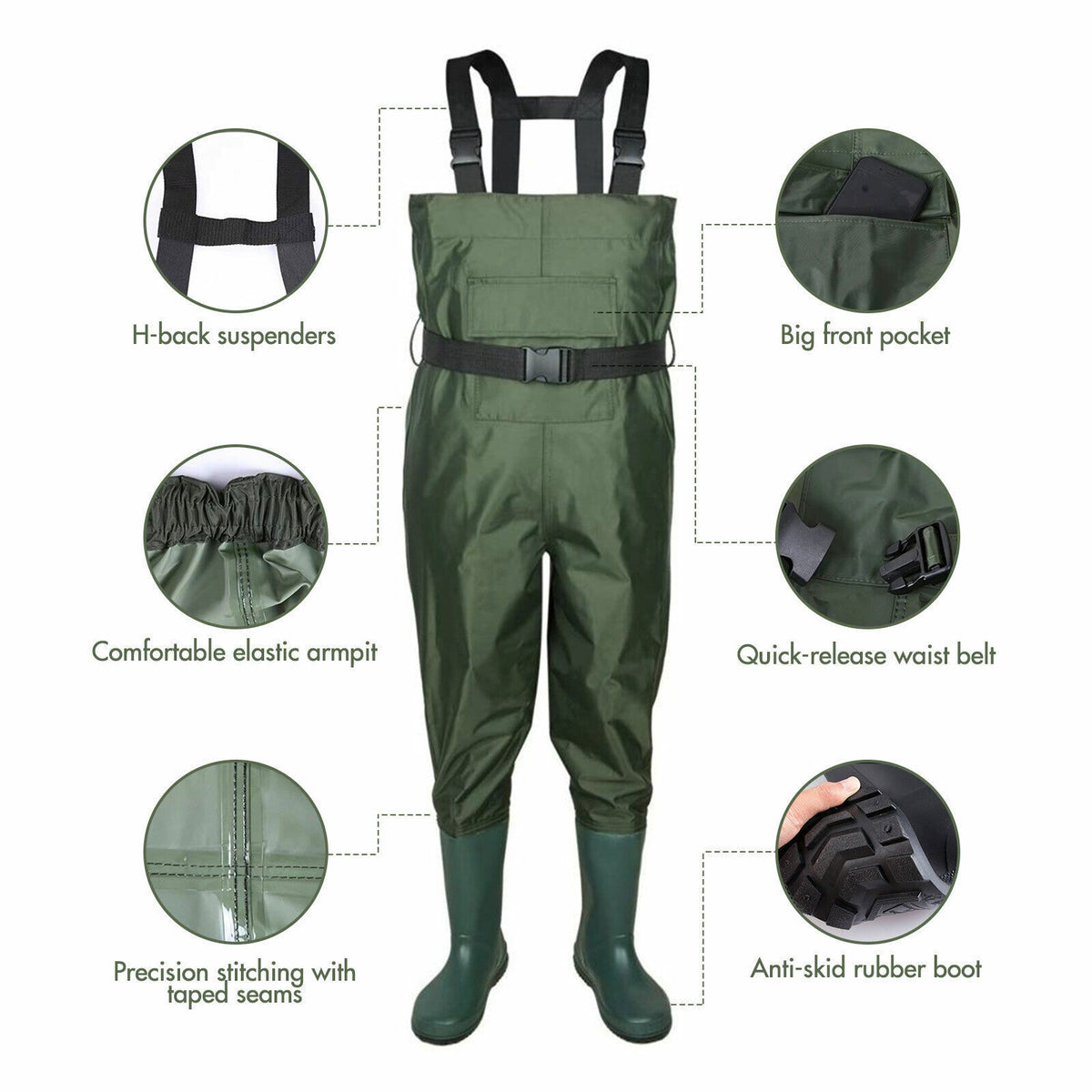 Waterproof Chest Waders for Hunting and Fishing Nylon Bootfoot 6-13 Size