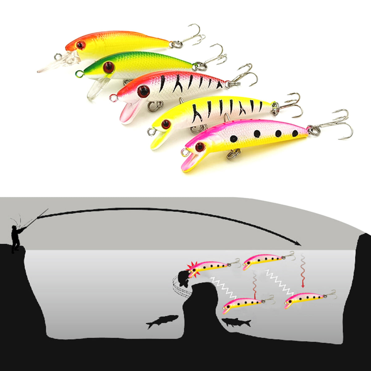 30PCS Artificial Fishing Lures Set with Treble Hooks for Bass & Freshwater