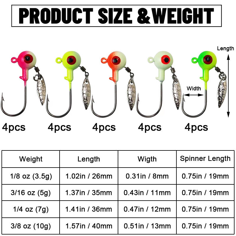 Fishing Jig Heads with Willow Blade - 20pcs Lead Hooks for Bass Crappie