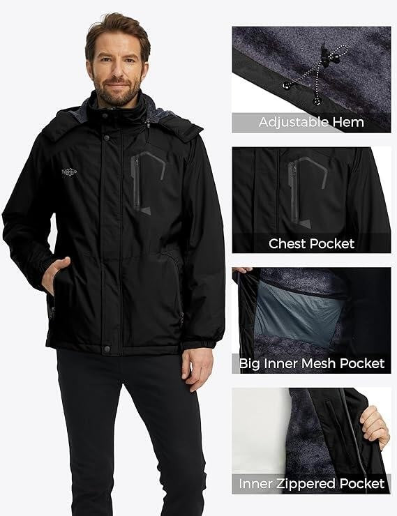 Men's Waterproof Winter Jacket - Warm Ski & Snowboarding Coat with Hood