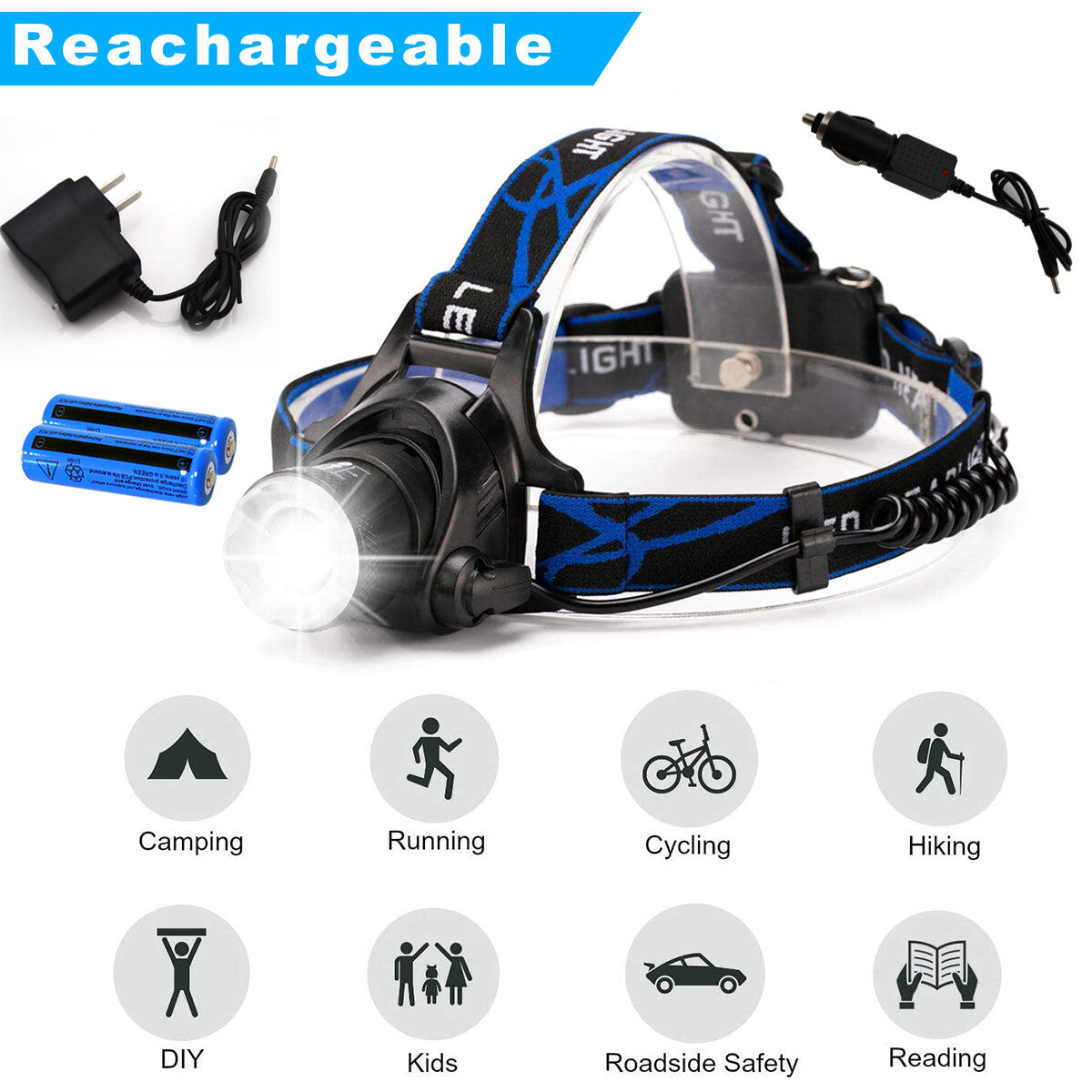 Rechargeable LED Headlamp Waterproof Head Torch with 3 Modes 100m Beam