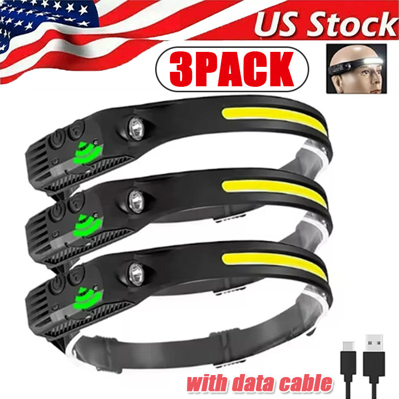 Rechargeable COB LED Headlamp with Motion Sensor, USB Work Light