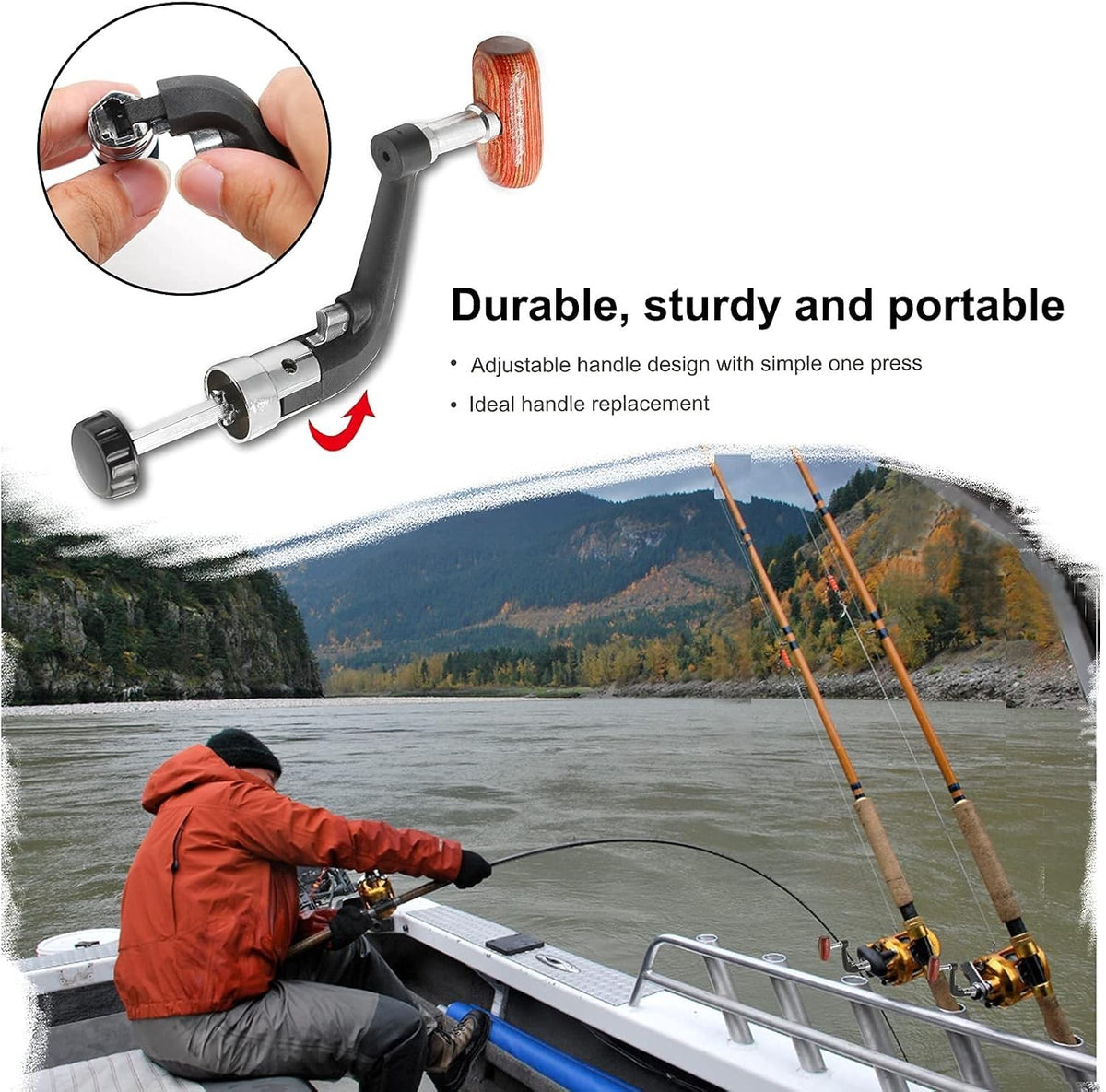 Adjustable Fishing Reel Handle Set of 2 with Anti-Slip Wooden Grip