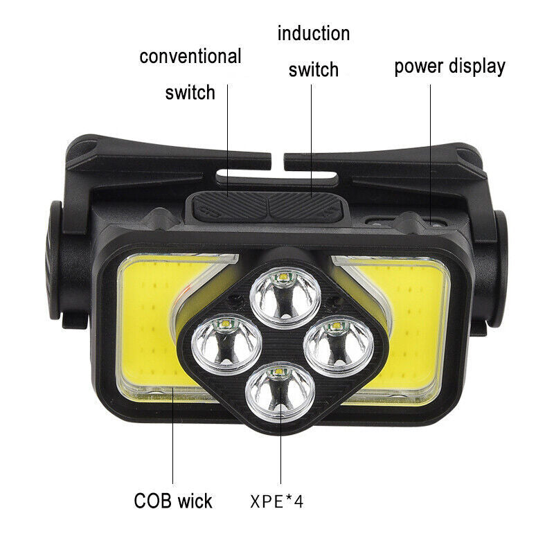Rechargeable COB LED Headlamp Headlight with Sensor Waterproof Torch