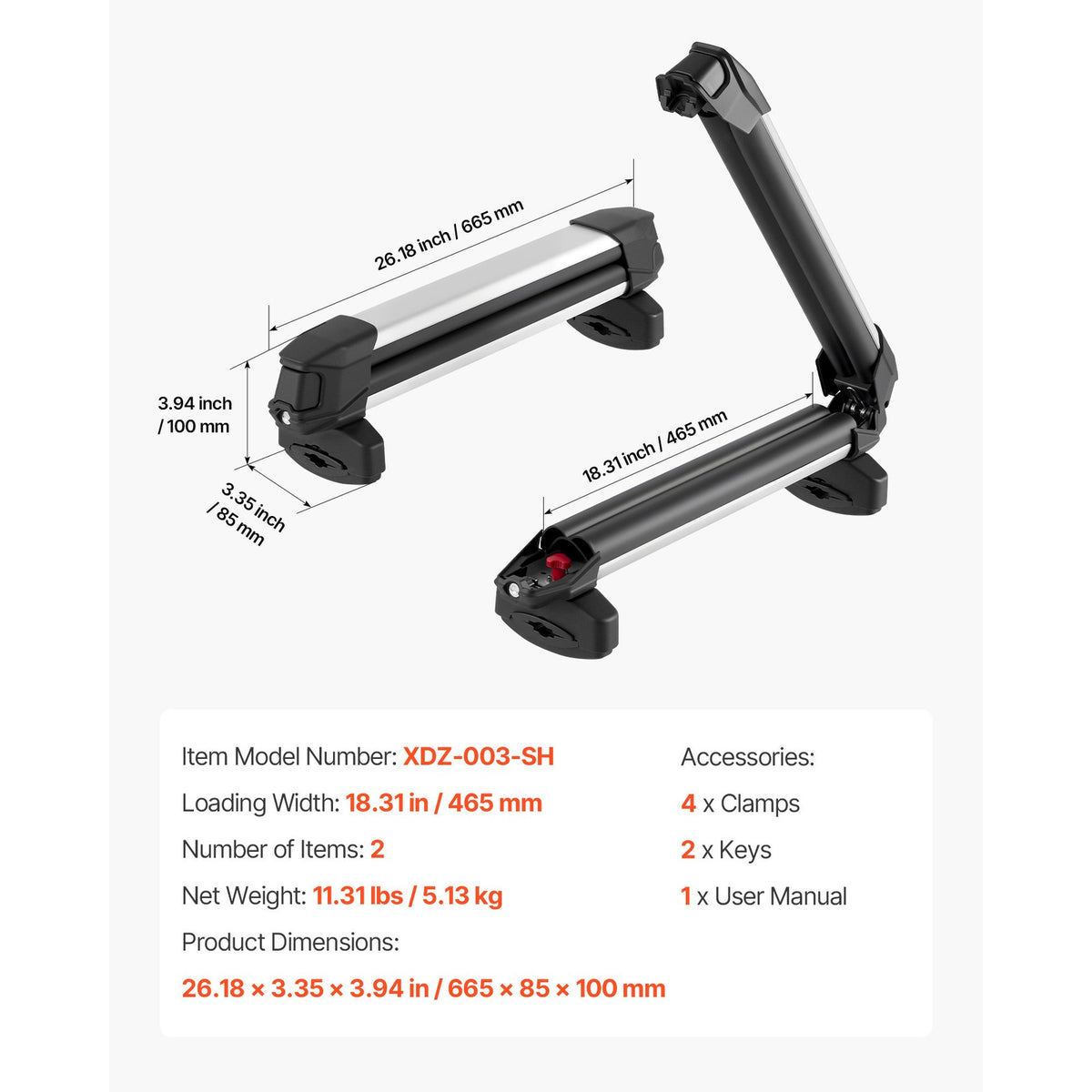 Ski & Snowboard Roof Rack for 4 Skis or 2 Snowboards - Durable Aluminum