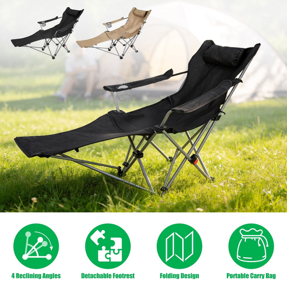 Reclining Camping Chair with Canopy & Footrest - Folding Outdoor Seat