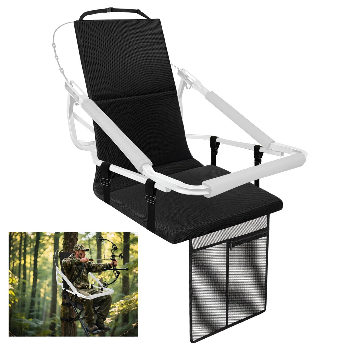Hunting Tree Stand Seat Replacement with Adjustable Backrest and Storage Pockets