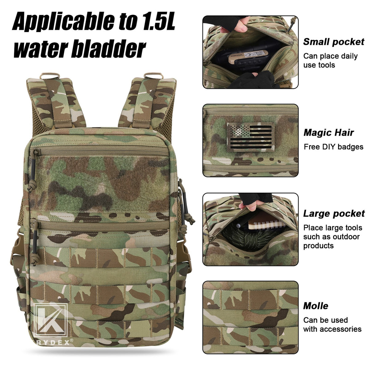 Tactical Hydration Pack with 1.5L Water Bladder MOLLE Backpack