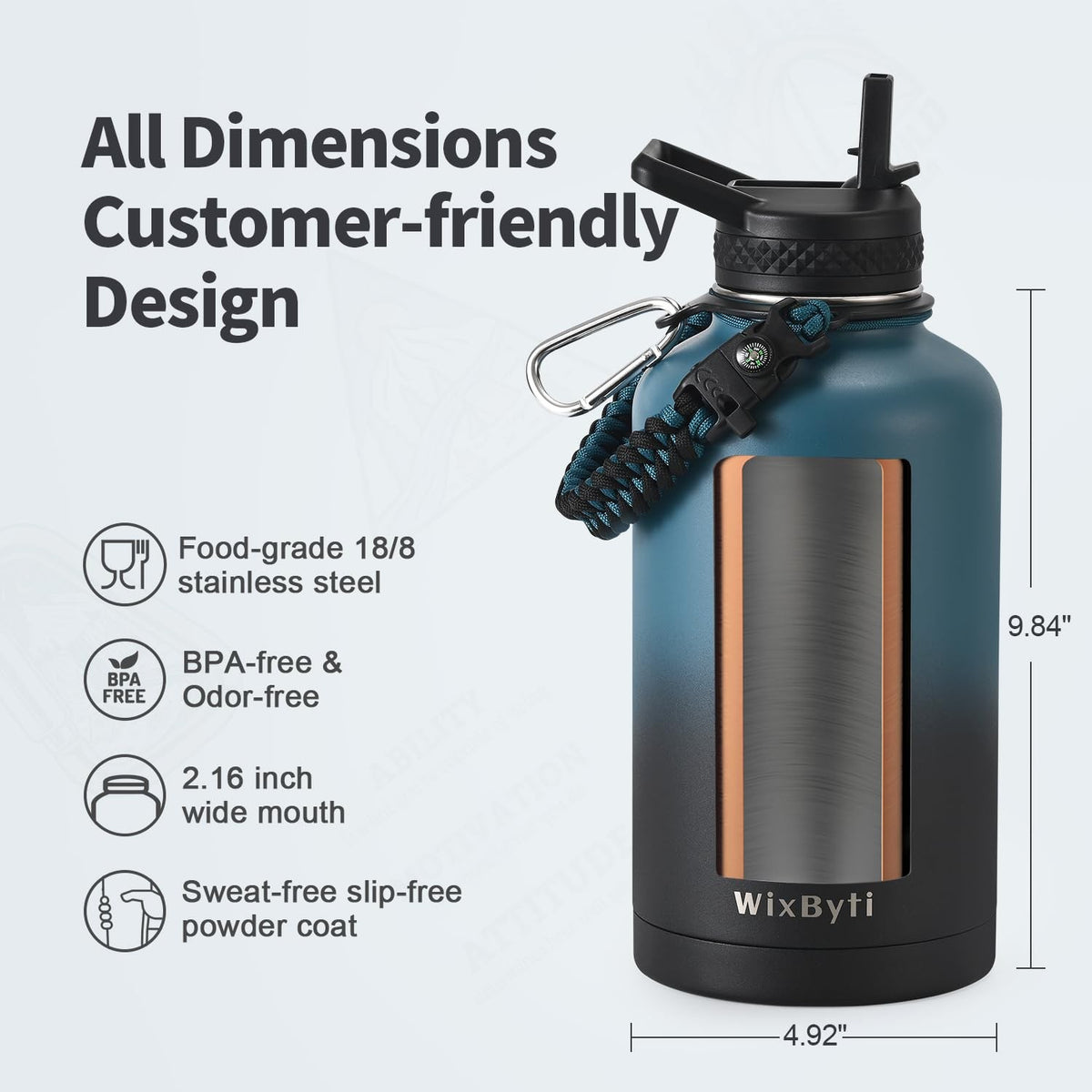 64 oz Insulated Stainless Steel Water Bottle with Straw, Leakproof Hydration Flask