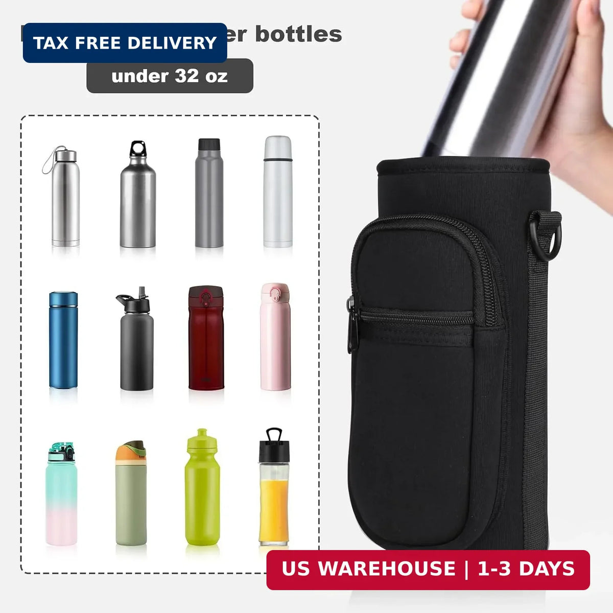Insulated Water Bottle Holder with Phone Pocket and Adjustable Strap