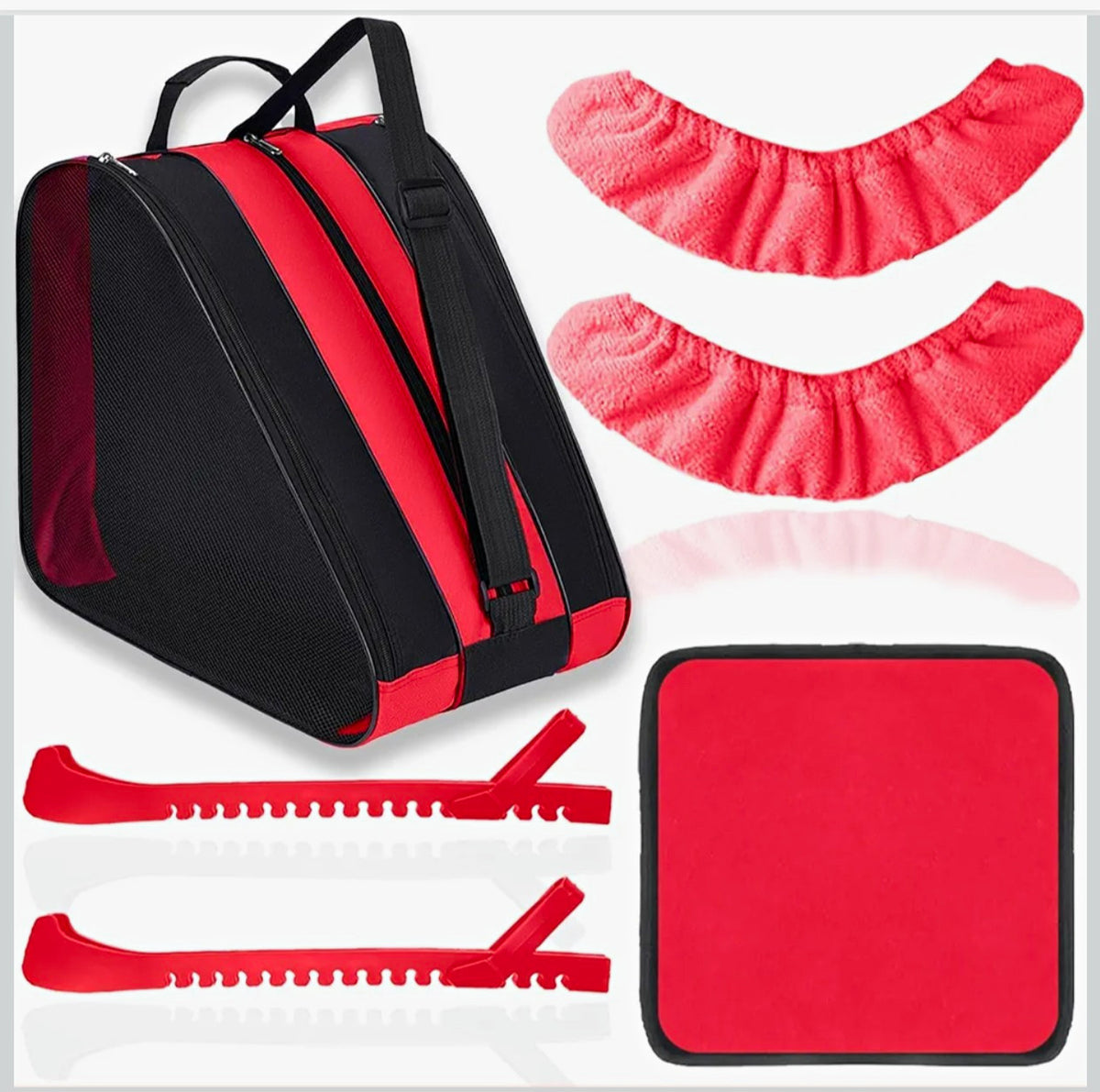 Ice Skate Accessories Set with Bag Guards Soakers Mat Red Black 16x13.35in
