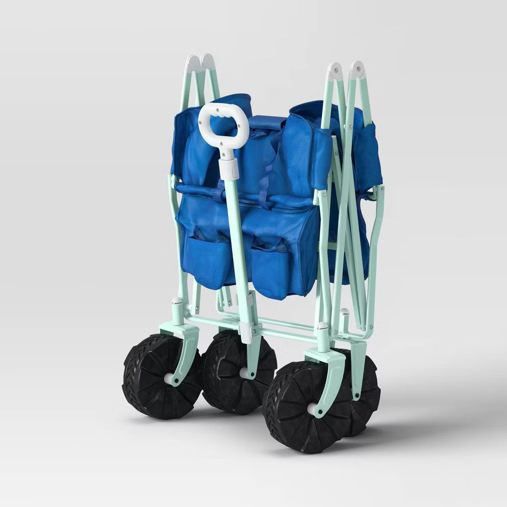 Flat Folding Wagon with Adjustable Handle and Pockets - Blue Garden & Outdoor