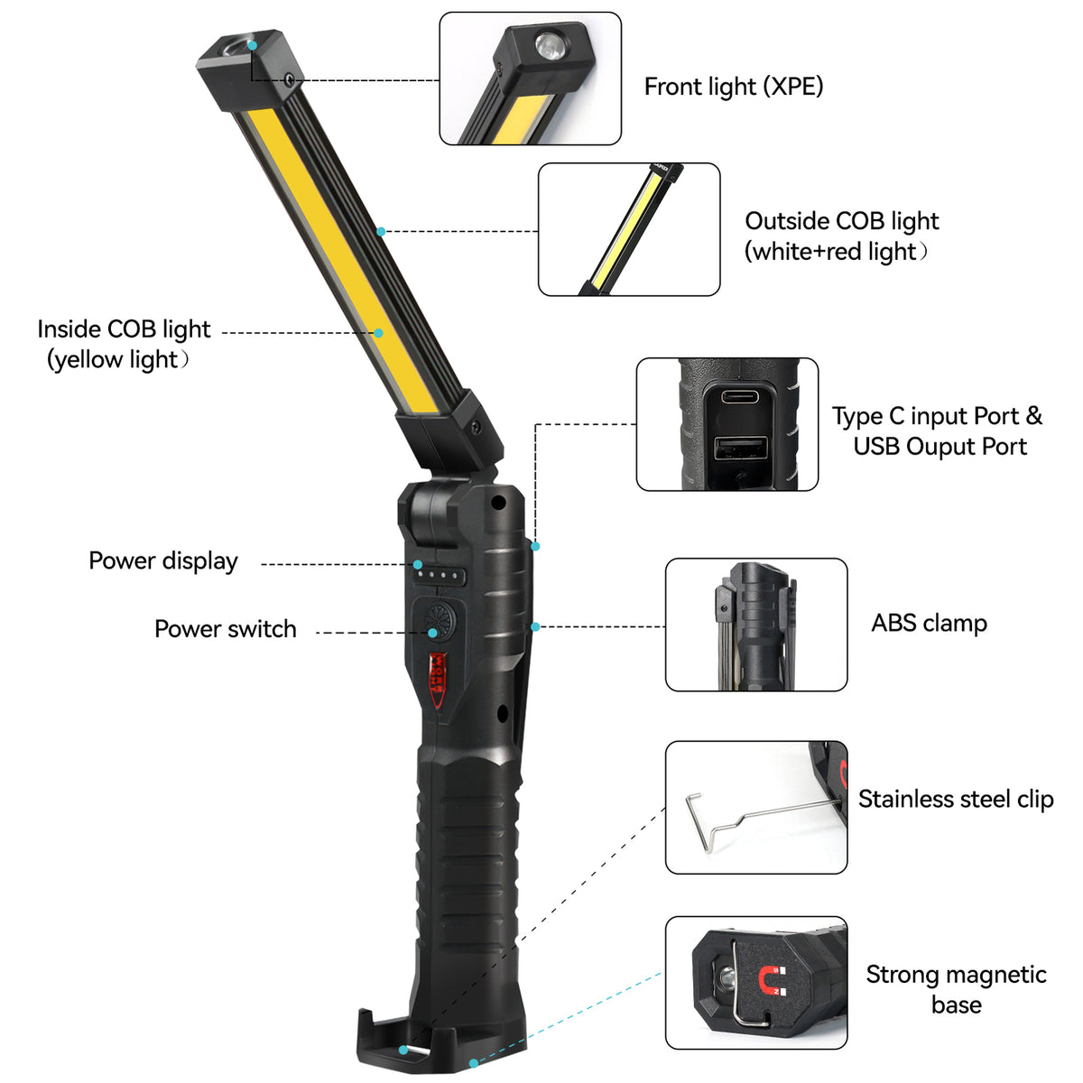 Rechargeable USB LED Work Light with High Lumens, IPX6 Waterproof, Multiple Modes