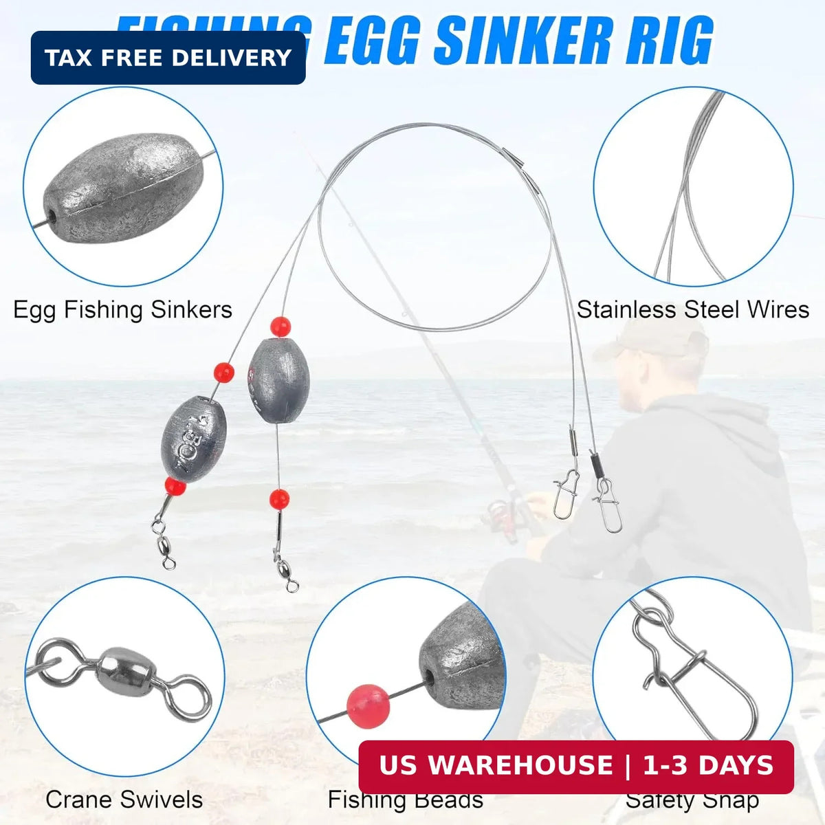 Saltwater Bottom Fishing Rig with Wire Leaders and Egg Sinkers for Flounder and Catfish