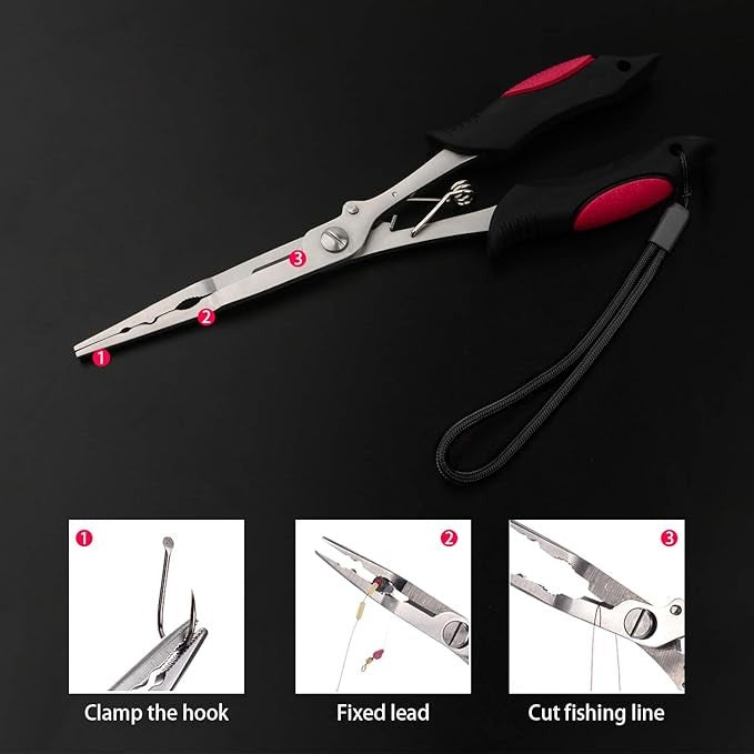 Long Nose Fishing Pliers with Non-Slip Handle & Lanyard - Multi-Function Stainless Steel Hook Remover & Line Cutter