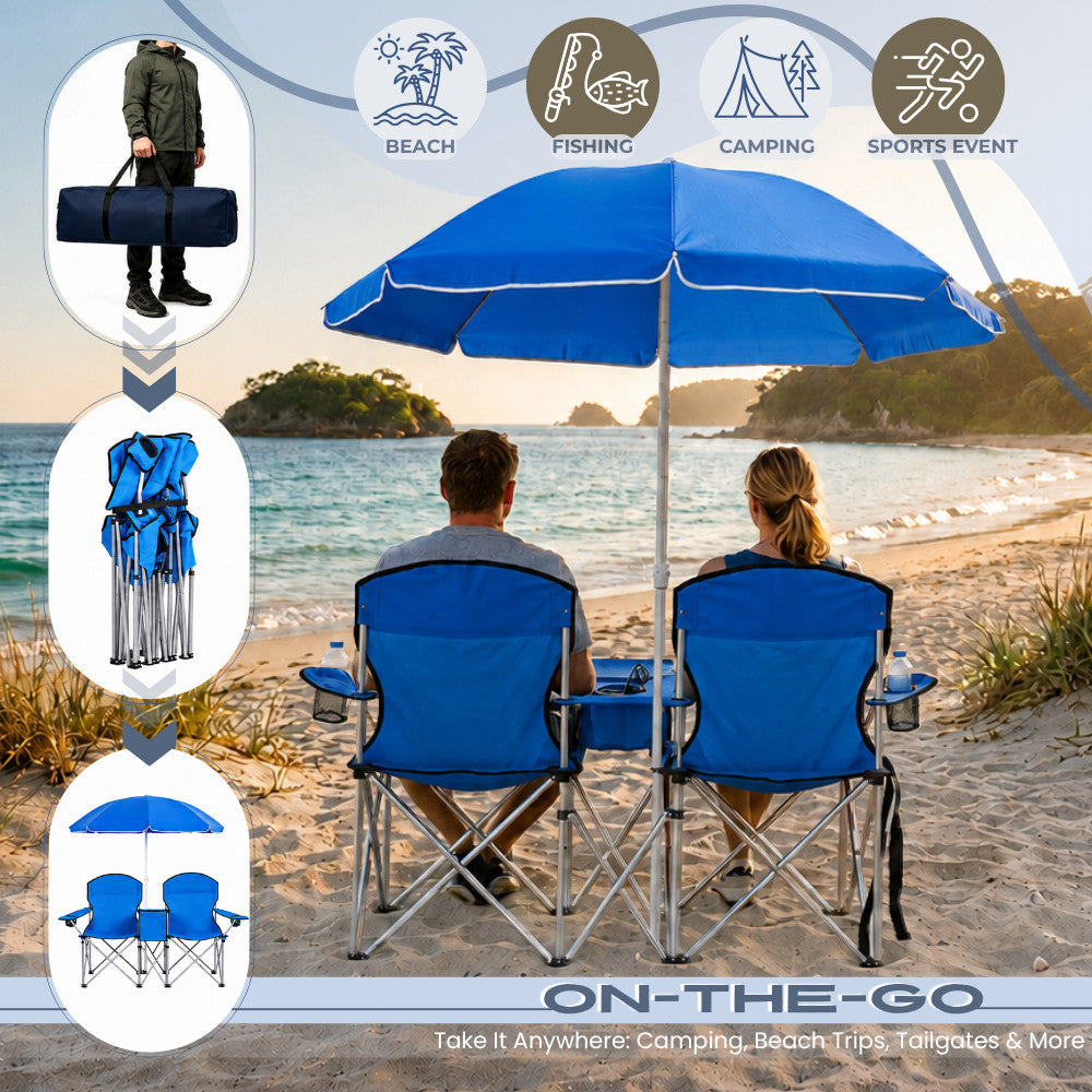 Portable 2-Person Folding Picnic Chair with Umbrella Cooler and Cup Holders