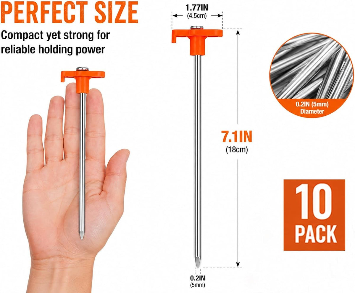 Heavy Duty Galvanized Steel Tent Stakes - Rust Resistant, 7.1 Inch, Bright Orange T-Head, Pack of 10 or 20