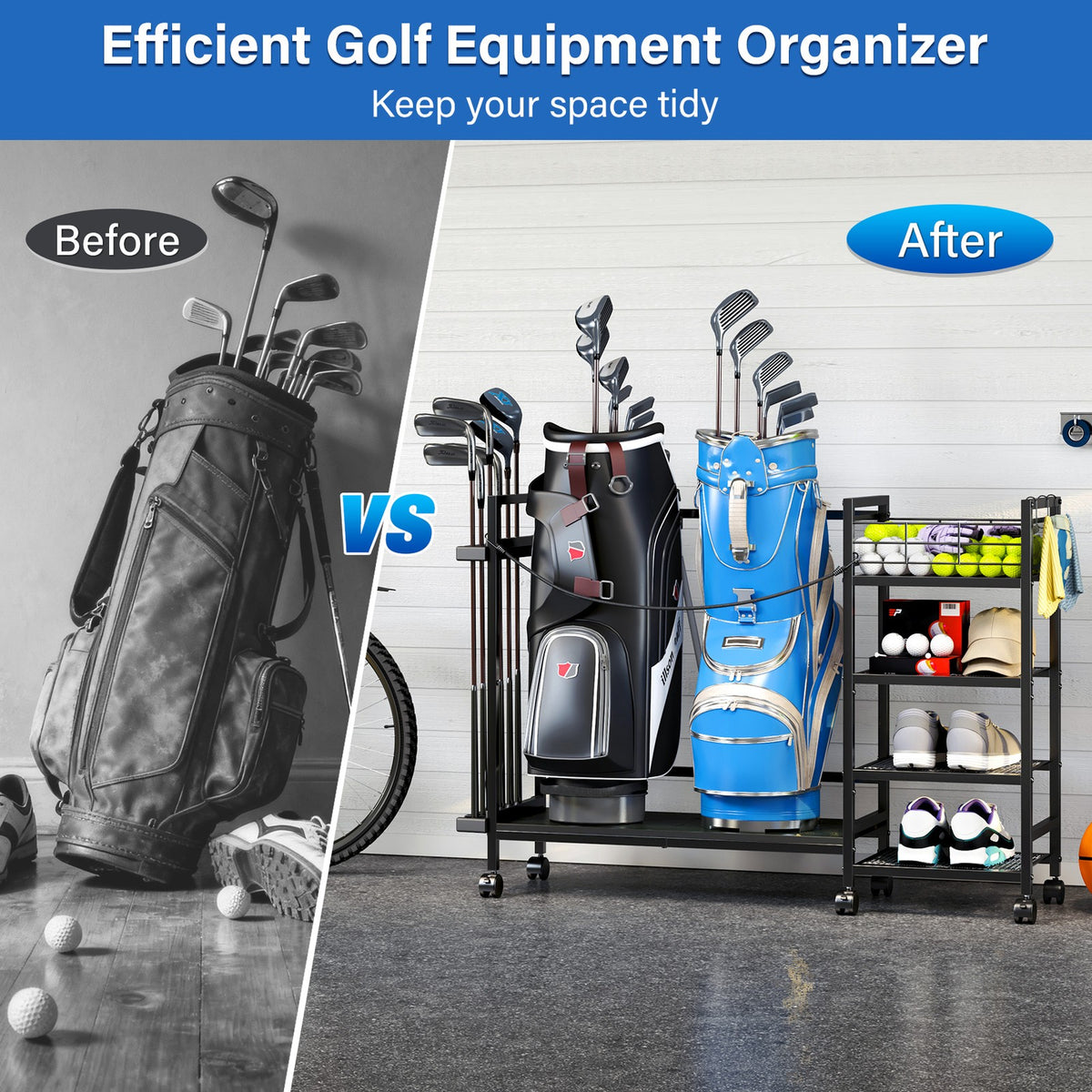 Golf Bag Storage Rack with Wheels - Organize Golf Clubs & Accessories