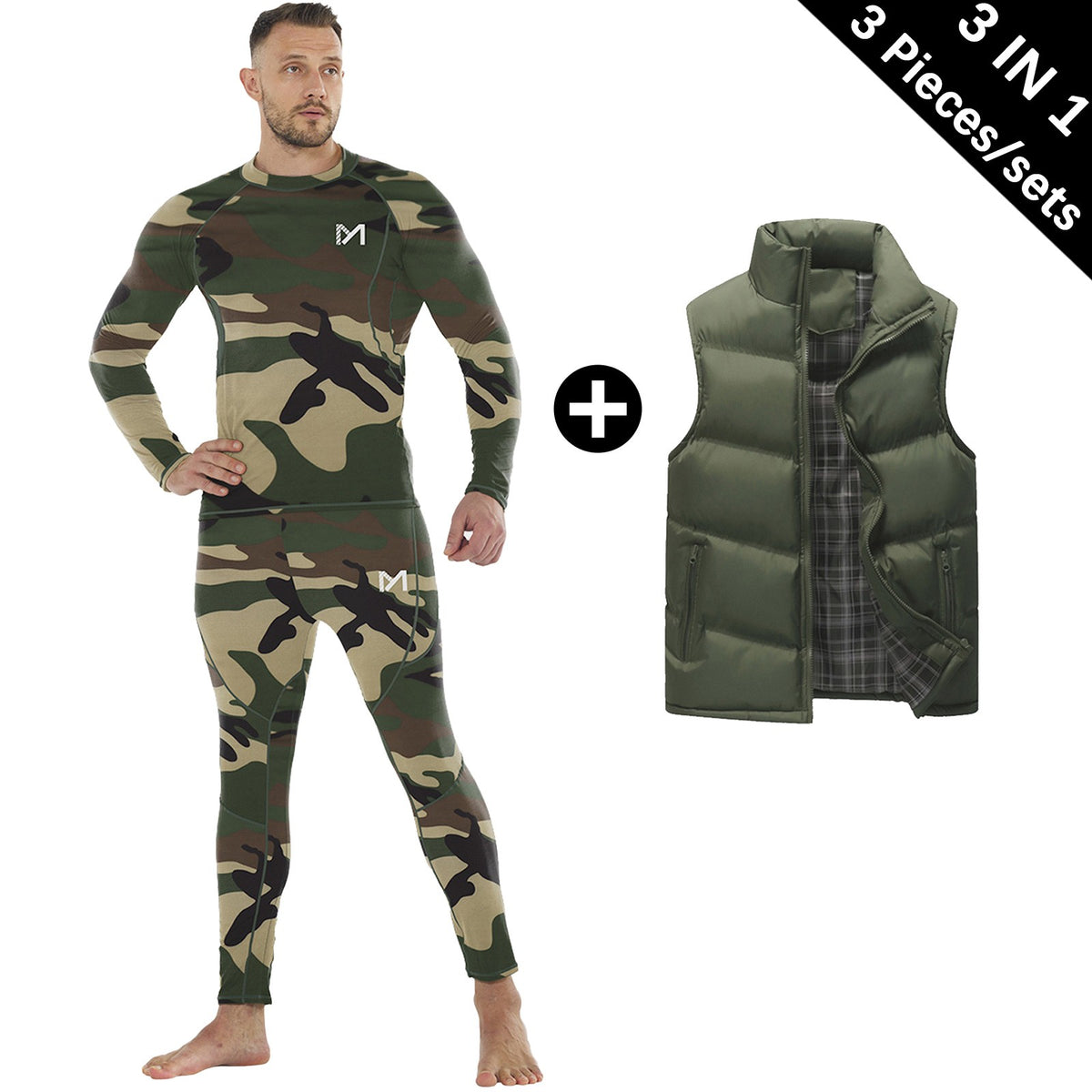 Men's 3-in-1 Thermal Winter Set with Fleece Top Bottom & Down Vest