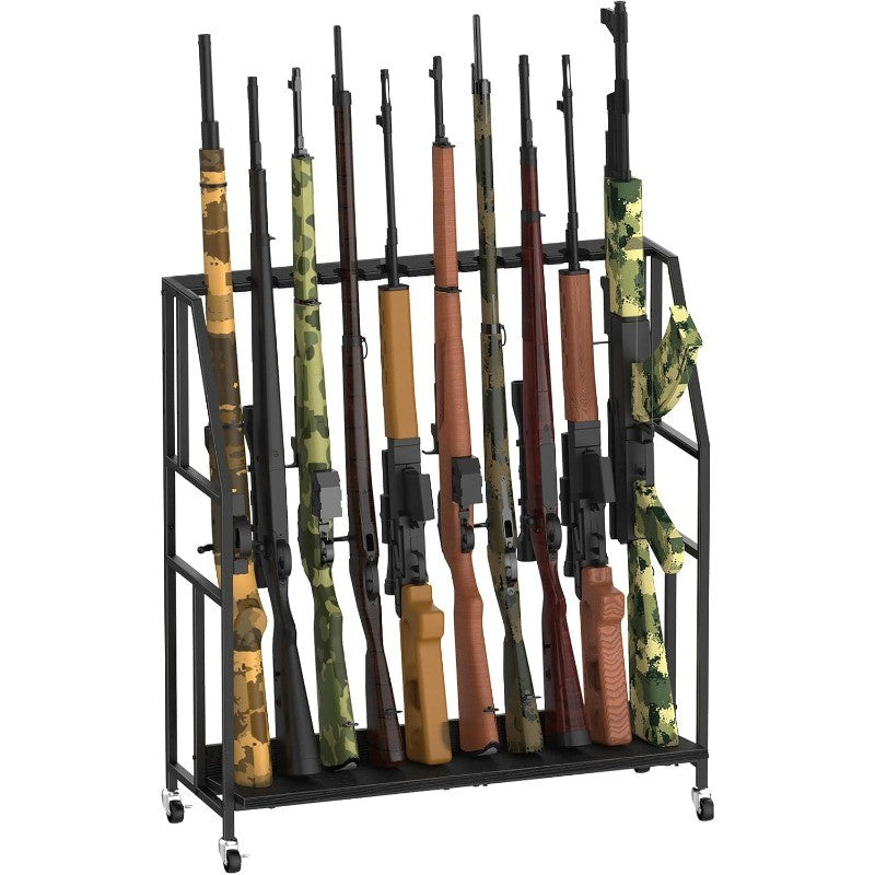 Gun Rack with Metal Frame and Wheels Holds 10 Long Guns, Adjustable Height