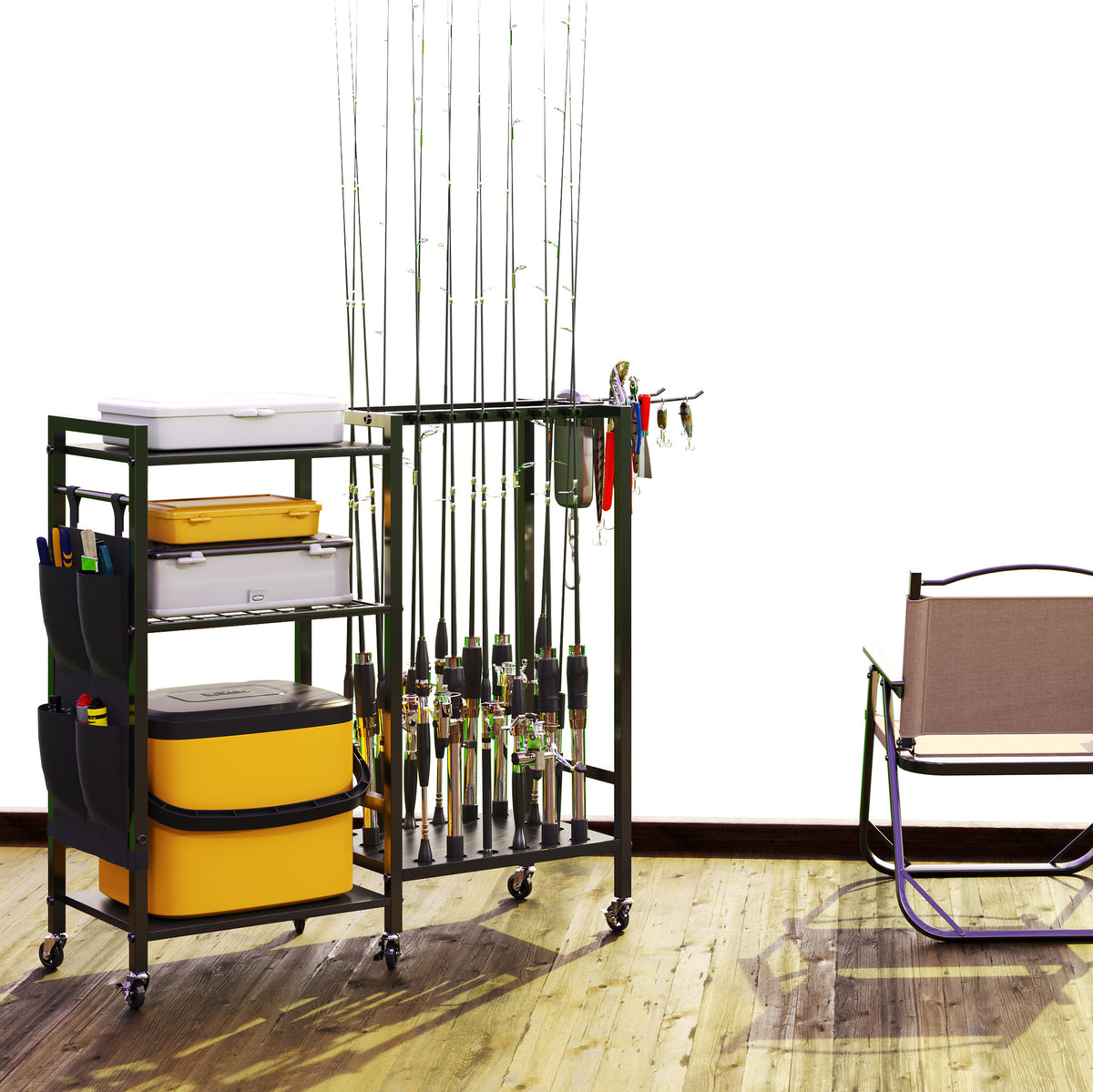 16-Rod Fishing Rod Holder Rack with Tackle Storage and Wheels
