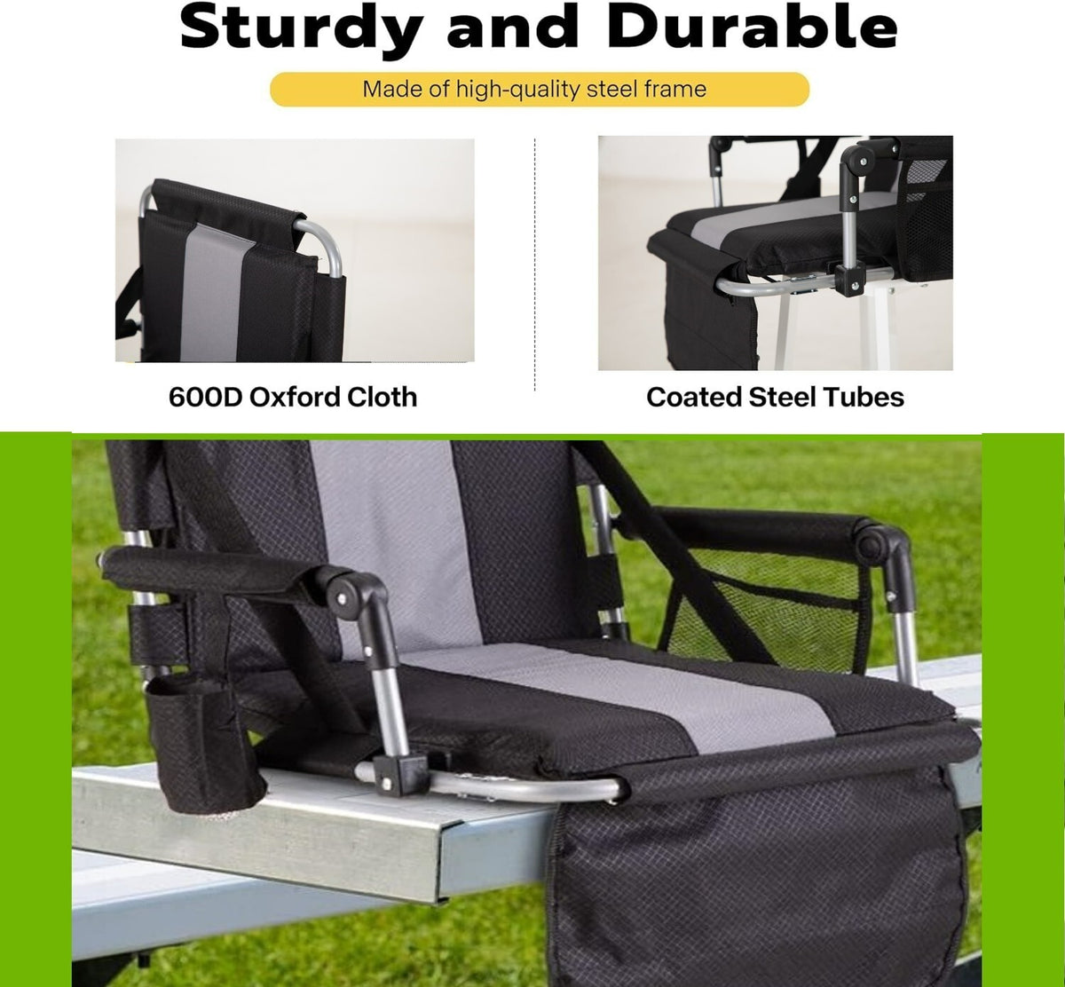 2-Pack Portable Folding Stadium Chairs with Cup Holder Black
