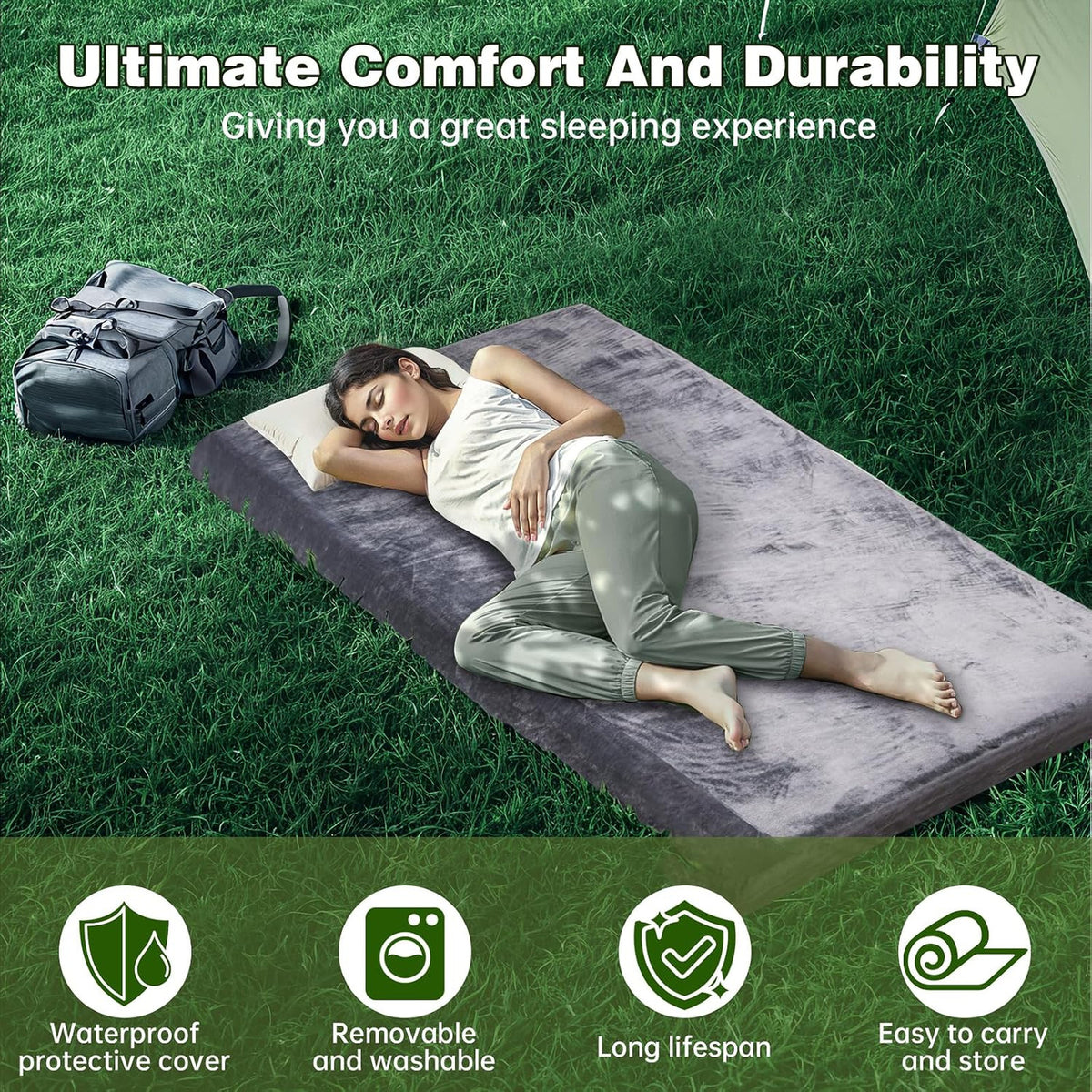 Memory Foam Camping Mattress Pad - 3 Inch Thick Waterproof Sleeping Mat for Adults