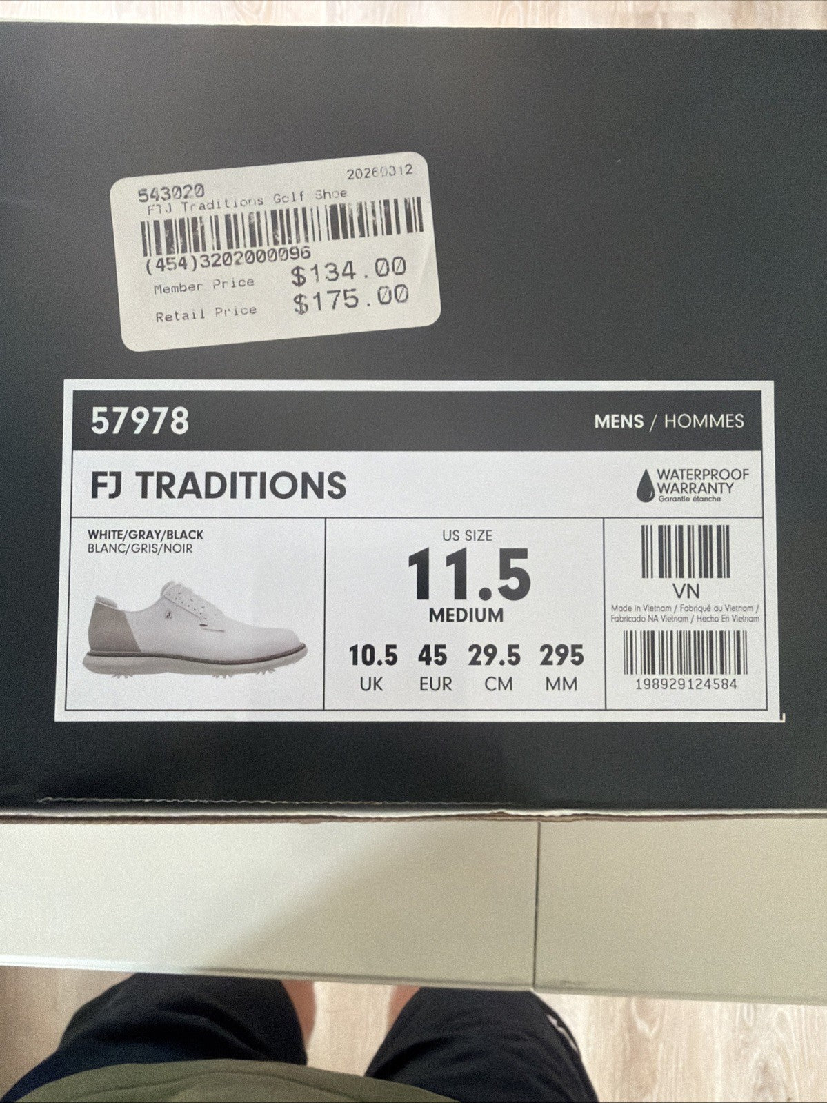 Men's Golf Shoes White Gray Black Size 11.5 - Durable Leather Performance