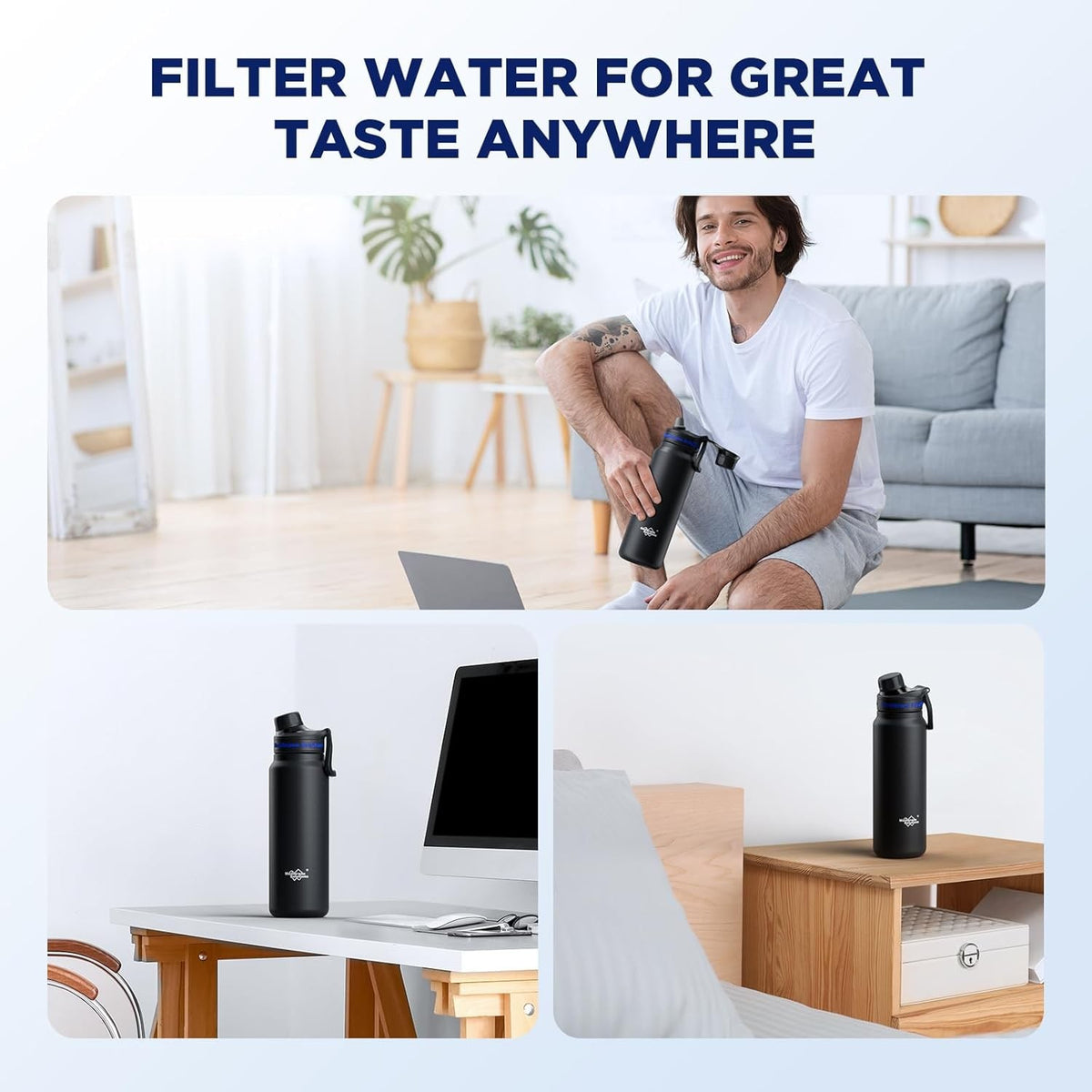 32oz Stainless Steel Water Bottle with Activated Carbon Filter - Reusable Hydration