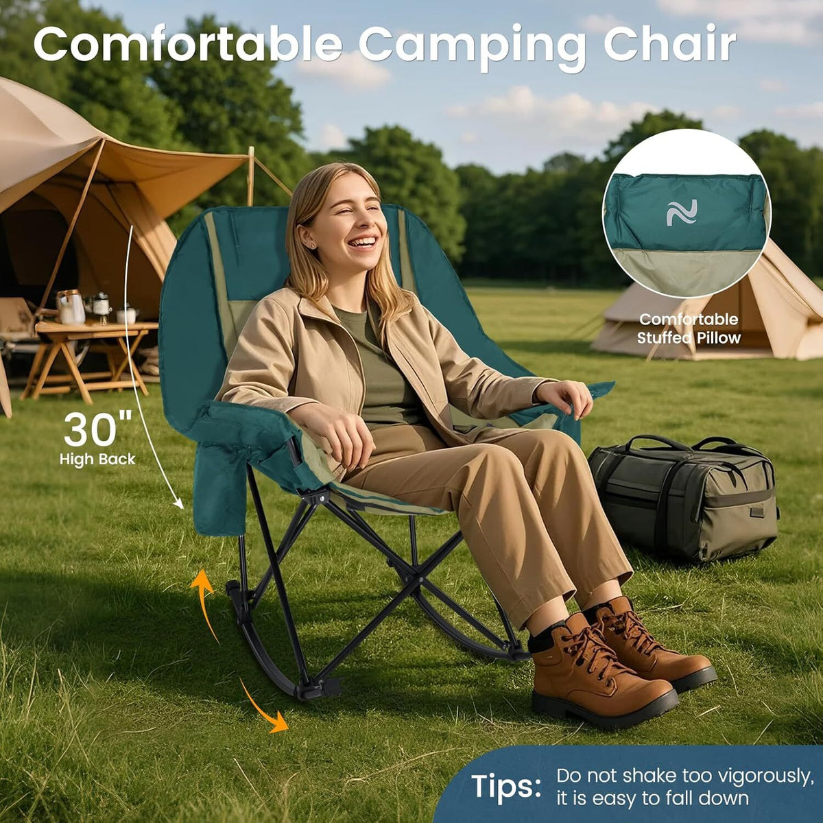 Oversized Folding Rocking Camping Chair with Cooler Bag and Side Pocket