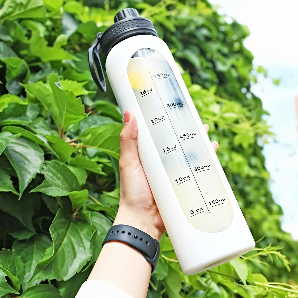 32oz Glass Water Bottle with Silicone Sleeve & Time Marker