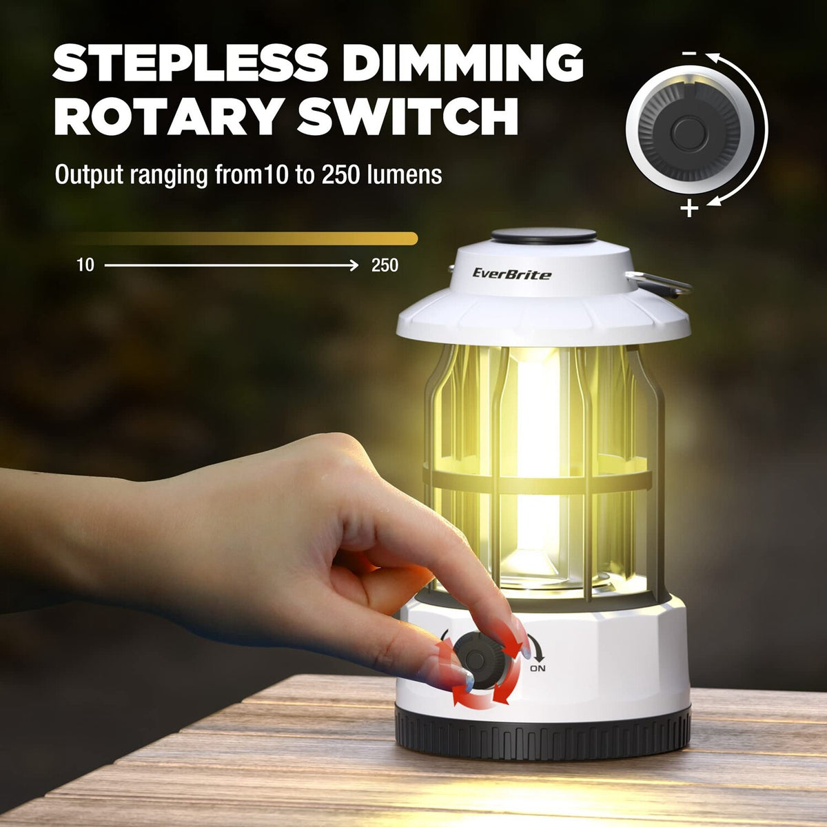 Rechargeable LED Camping Lantern with 250 Lumens and Stepless Dimming