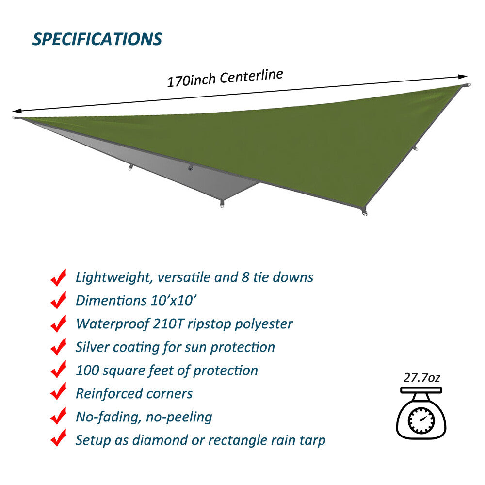 Large Waterproof Camping Rain Fly Tarp 10ft Sun Shelter for Hammocks & Tents