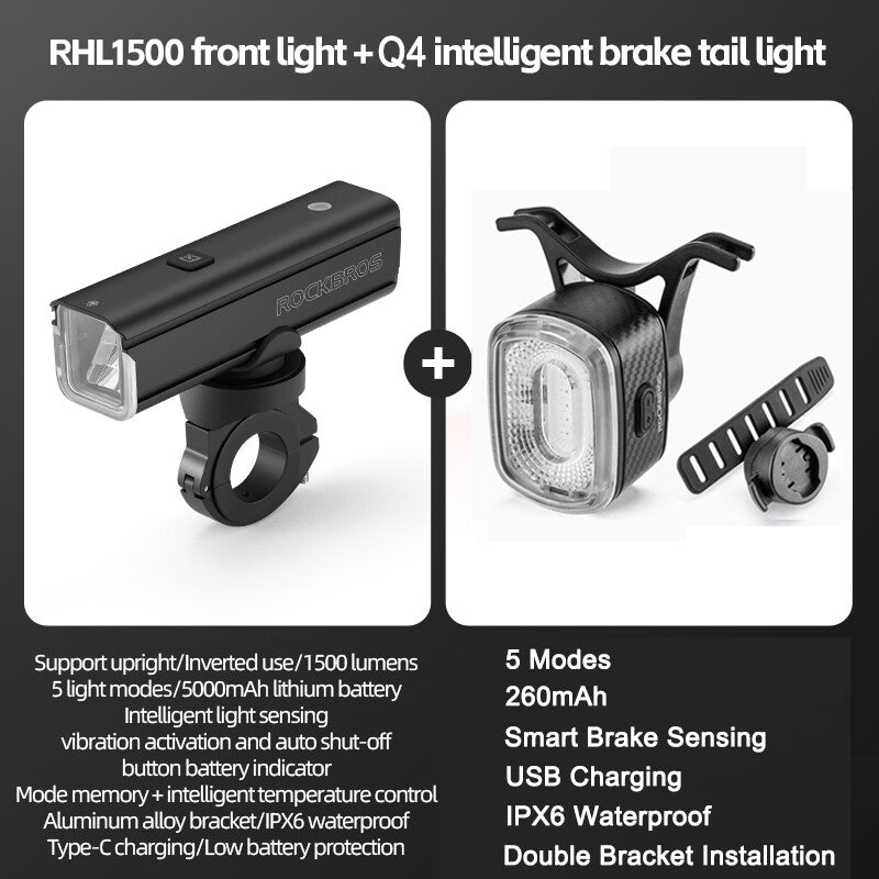 High Brightness Bike Front & Rear Light Set USB-C LED Headlight 1500LM