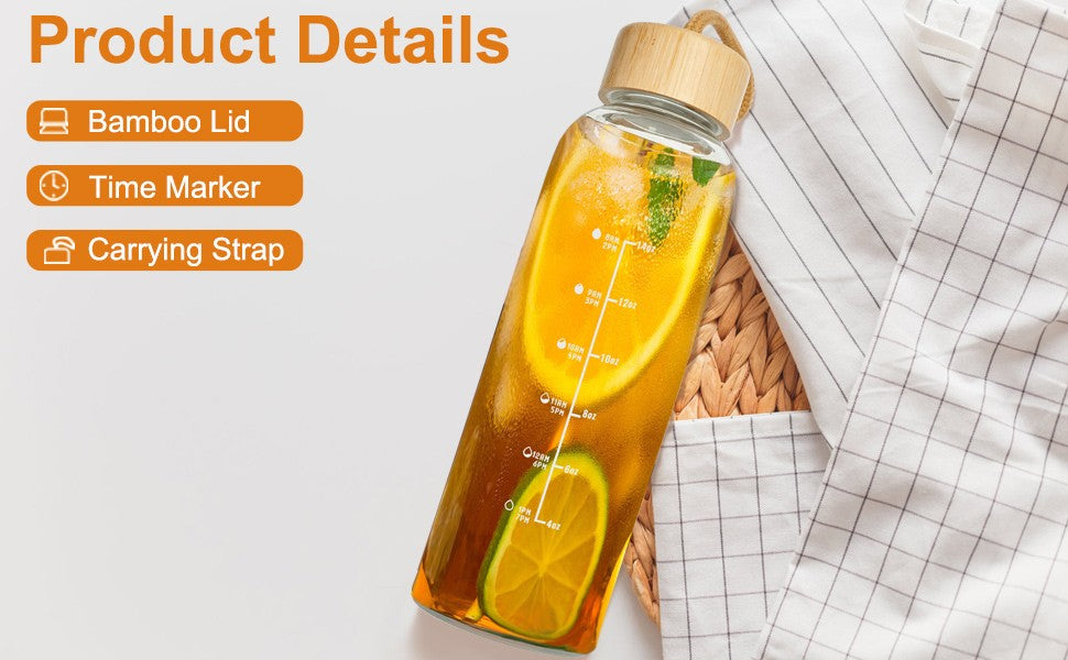 17oz Glass Water Bottle with Time Marker, Leakproof Lid & Strap