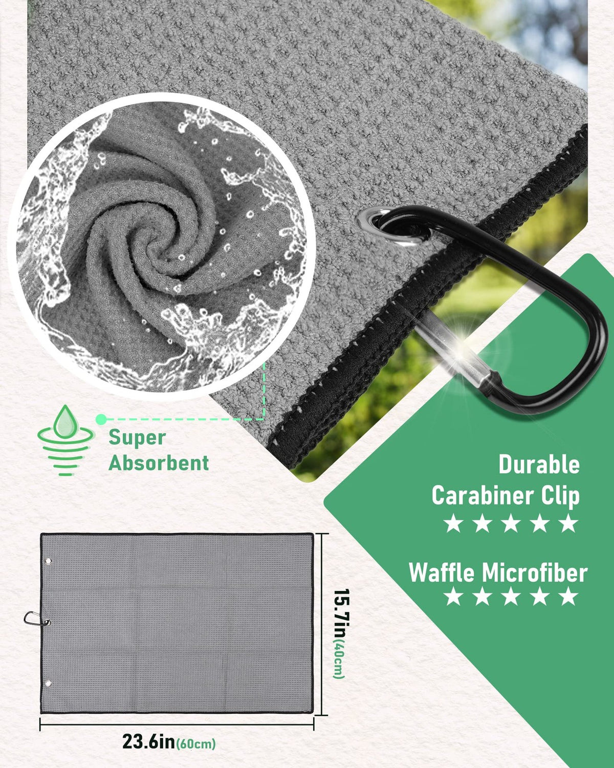 Magnetic Microfiber Golf Towel with Clip - Reversible, Quick Dry, 23.6x15.7in