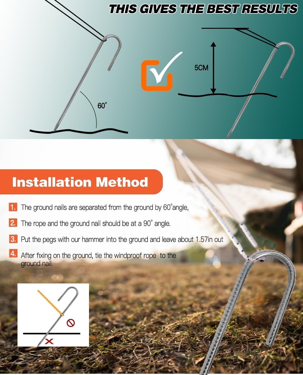 Heavy Duty Rebar Stakes 12 Inch Ground Tent Stakes with Hook - Galvanized Steel